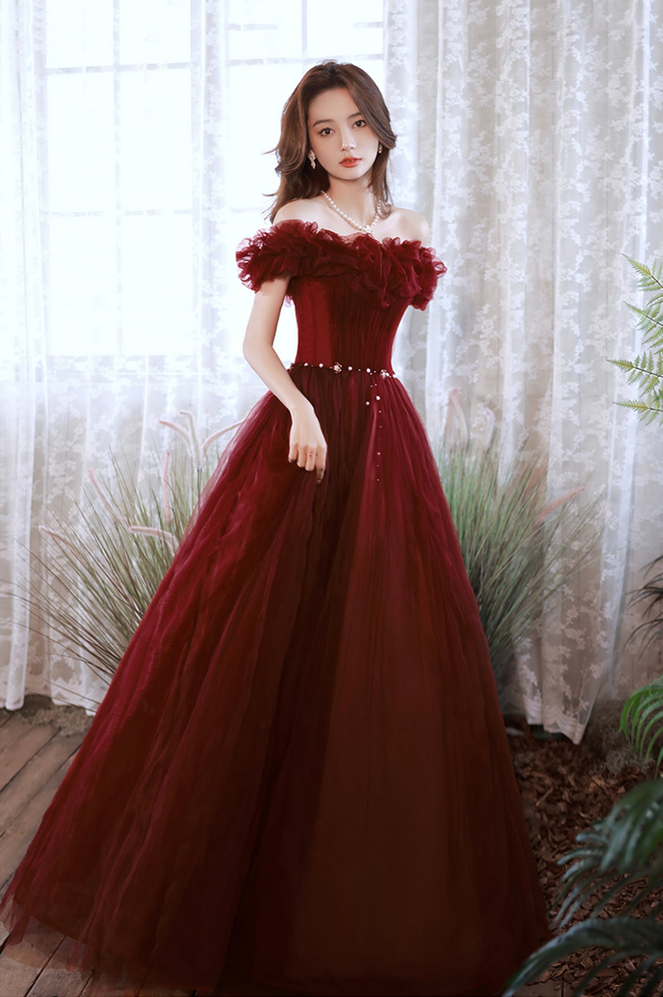 Burgundy Tulle Long A-Line Prom Dress, Cute Off the Shoulder Evening D Burgundy Tulle Long A-Line Prom Dress, Cute Off the Shoulder Evening D