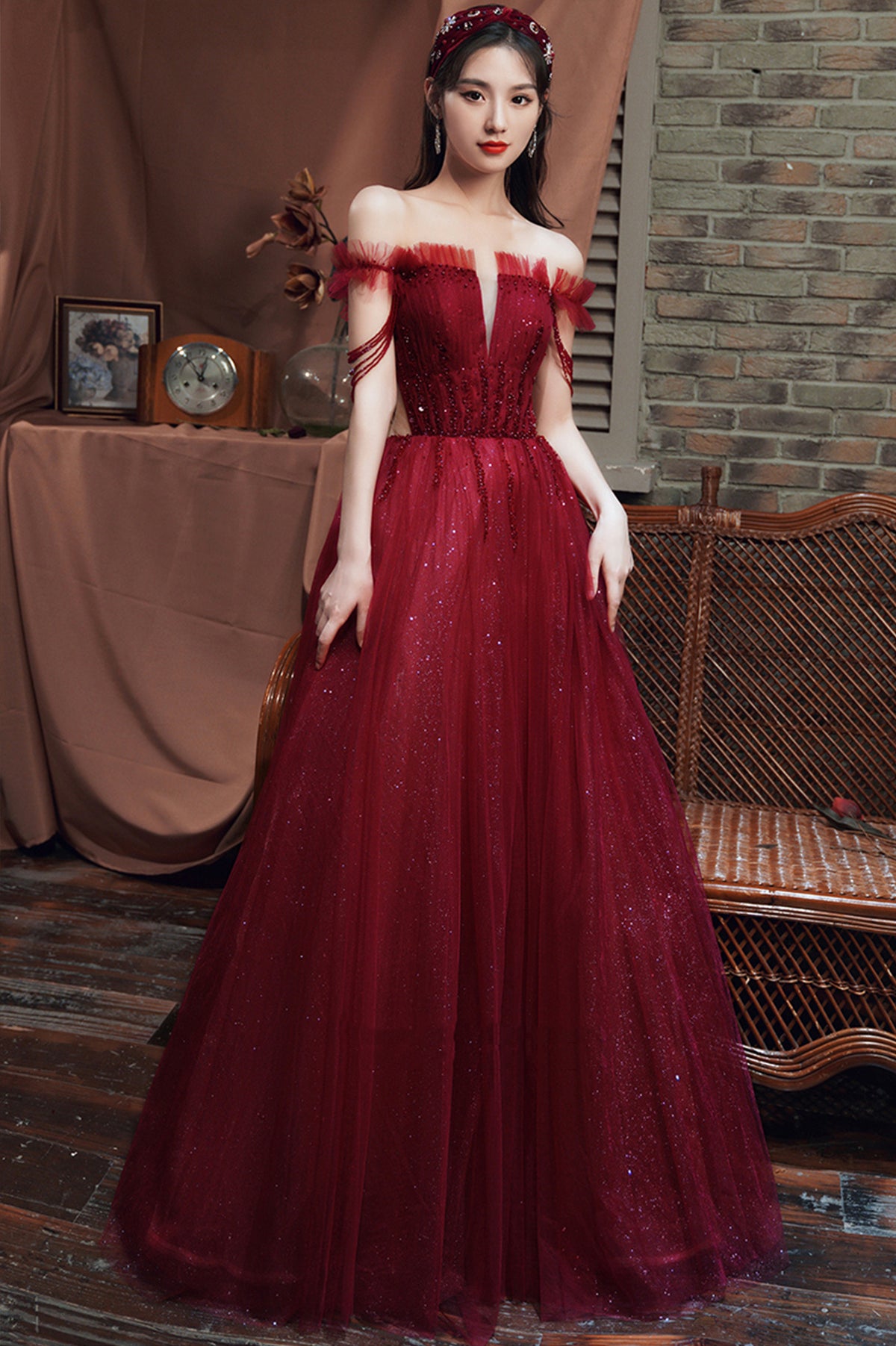 Burgundy Tulle Long A-Line Prom with Beaded, Off the Shoulder Evening Party Dress