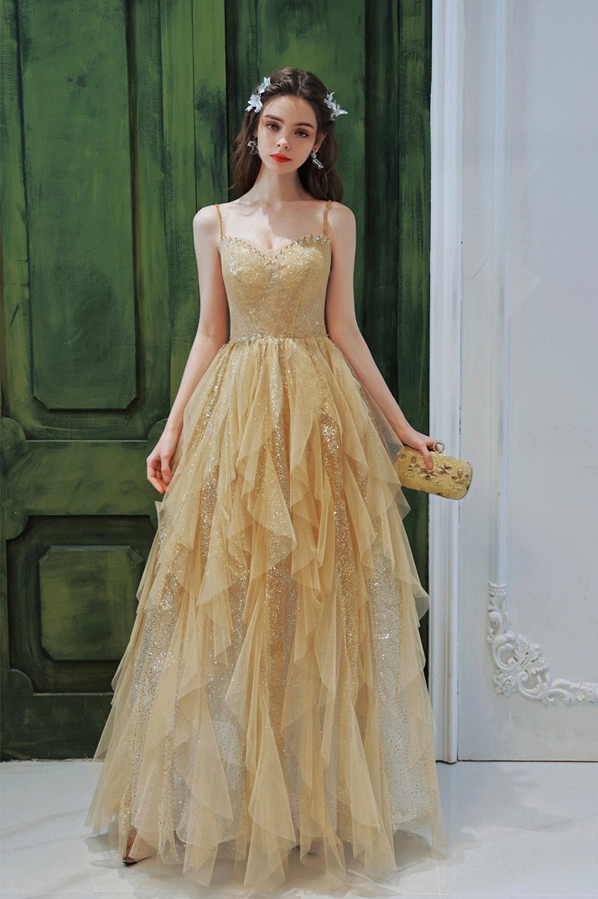 Gold Sequins Long A-Line Prom Dress, Cute Spaghetti Straps Evening Party Dress