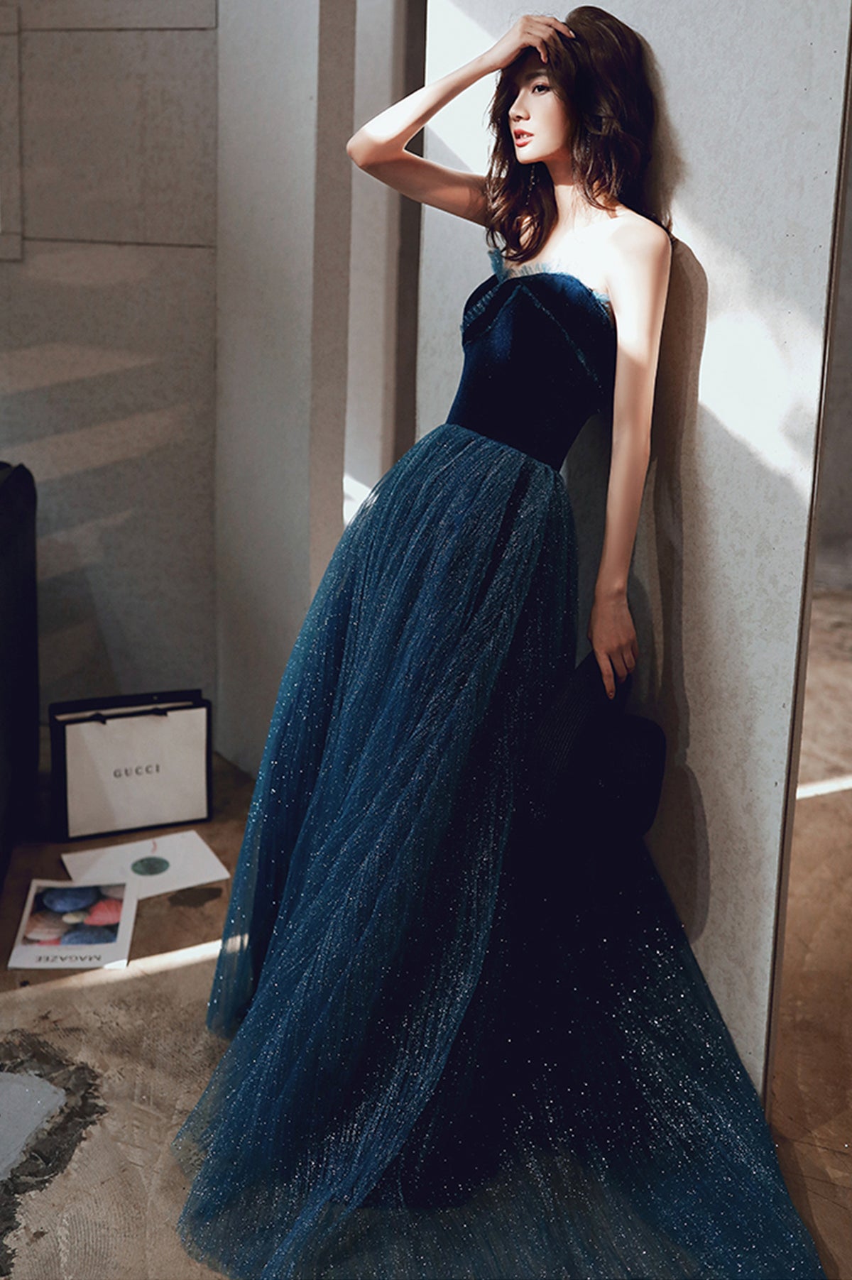 Blue Strapless Tulle Long Prom Dress, A-Line Evening Party Dress
