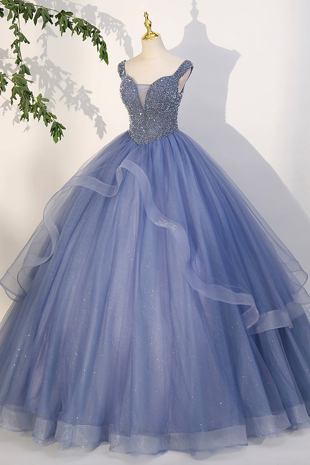 Blue Beaded Tulle Long A-Line Prom Dress, Blue Formal Dress Blue Beaded Tulle Long A-Line Prom Dress, Blue Formal Dress