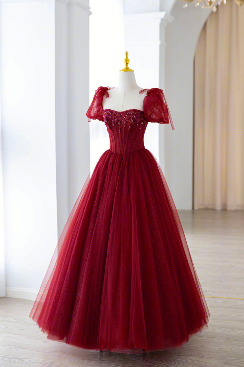 Burgundy Tulle Beaded Long Prom Dress, A-Line Short Sleeve Evening Dress