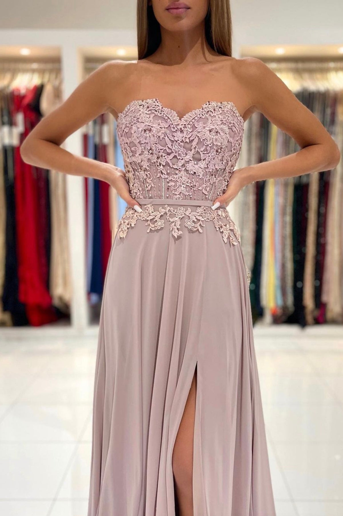 Cute Chiffon Lace Long A-Line Prom Dress, Cute Strapless Party Dress with Slit