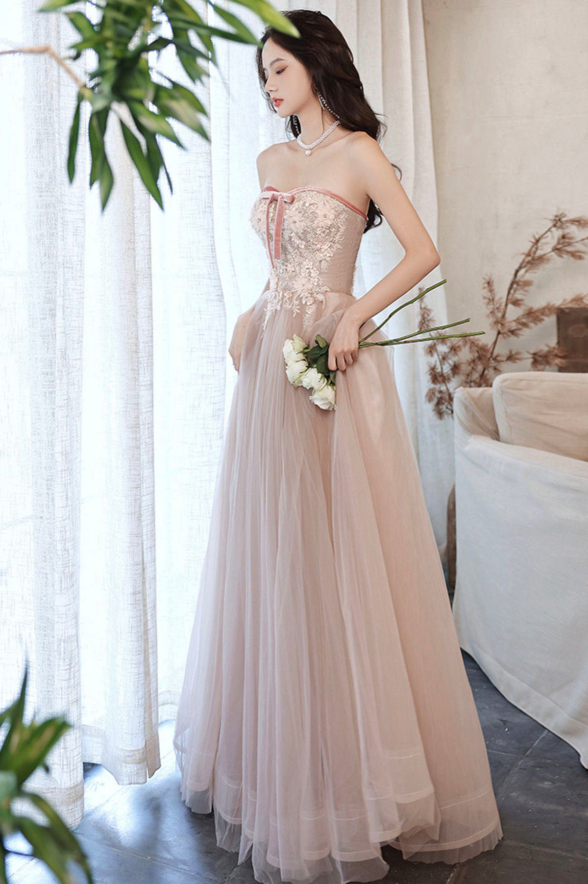 Pink Off the Shoulder Lace Evening Dress, A-Line Prom Party Dress