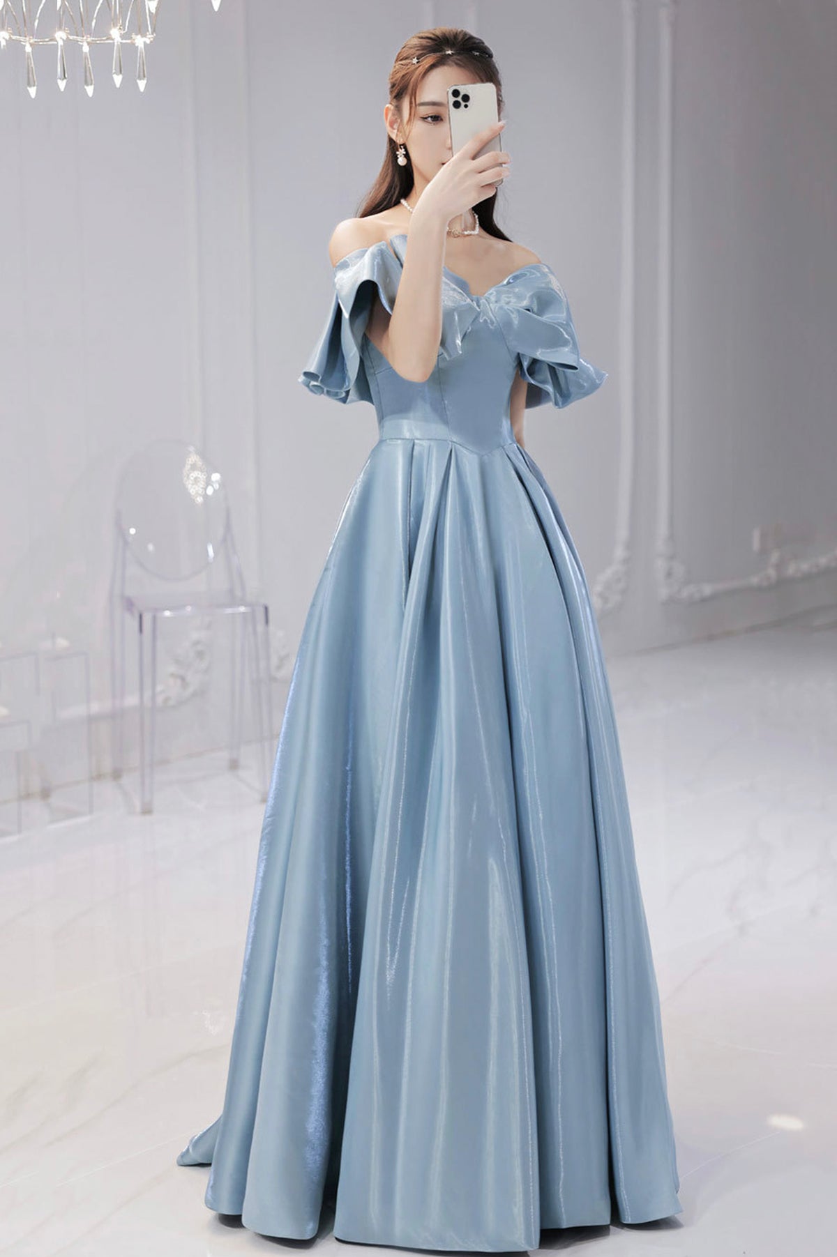 Blue Satin Long A-Line Prom Dress, Off the Shoulder Evening Dress with Bow