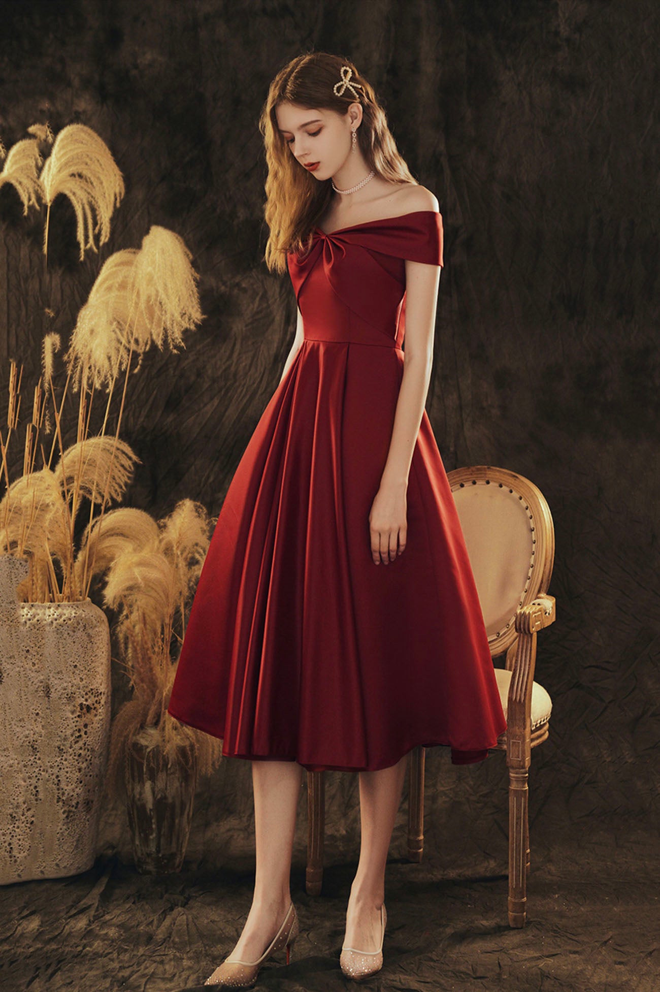 Burgundy Satin Short Prom Dress, Cute Off the Shoulder Evening Dress Burgundy Satin Short Prom Dress, Cute Off the Shoulder Evening Dress
