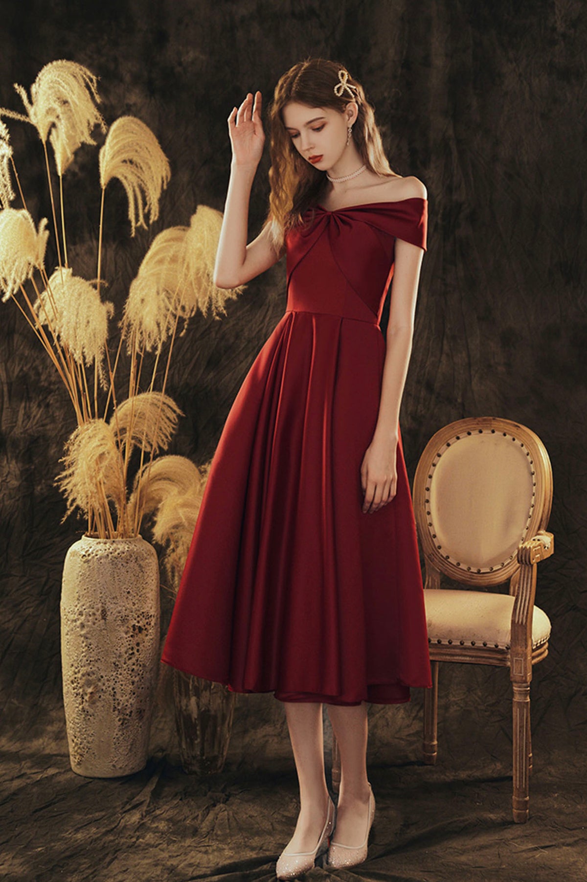 Burgundy Satin Short Prom Dress, Cute Off the Shoulder Evening Dress