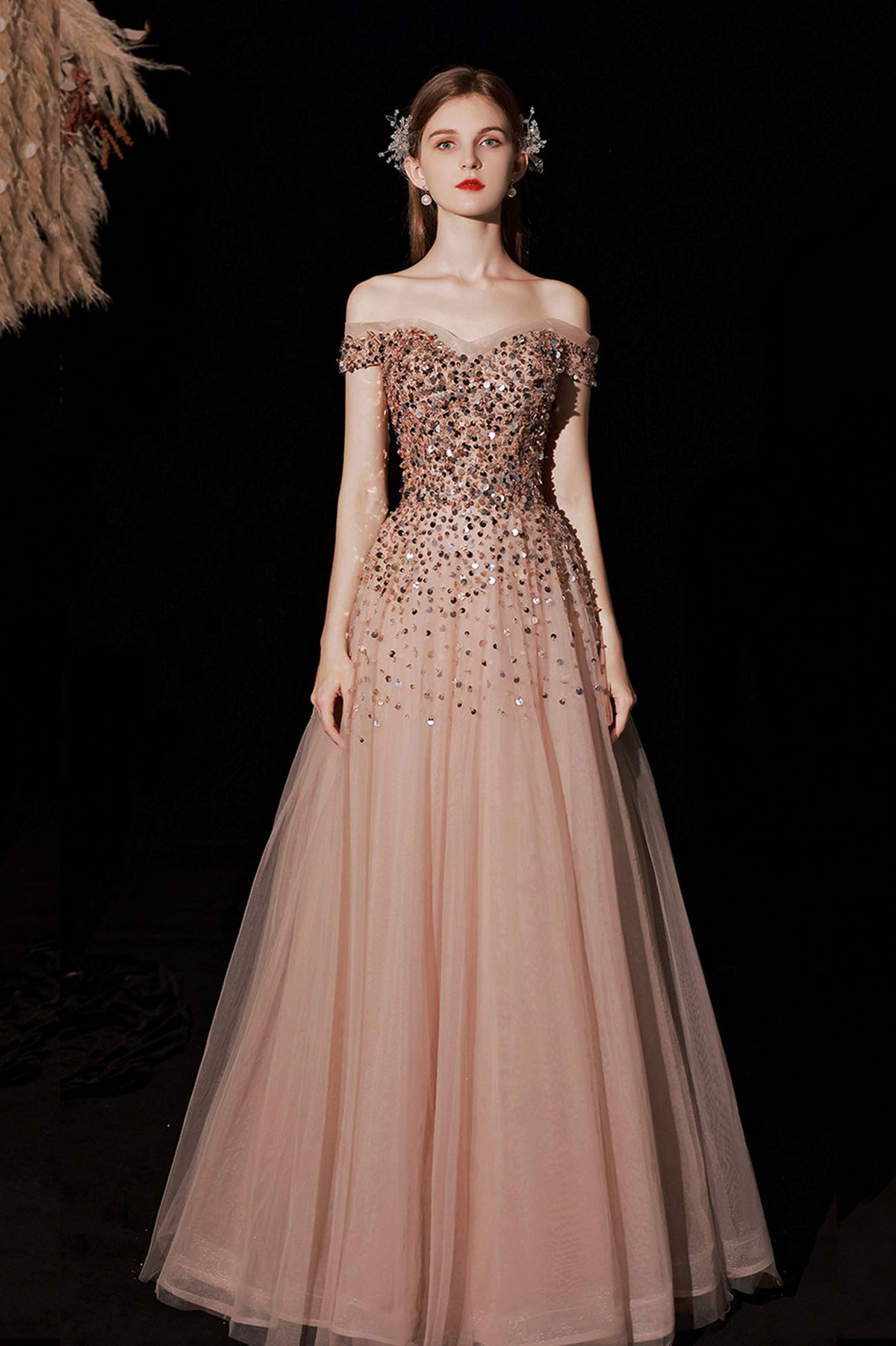 Shiny Tulle Long A-Line Prom Dress with Sequins, Off the Shoulder Party Dress