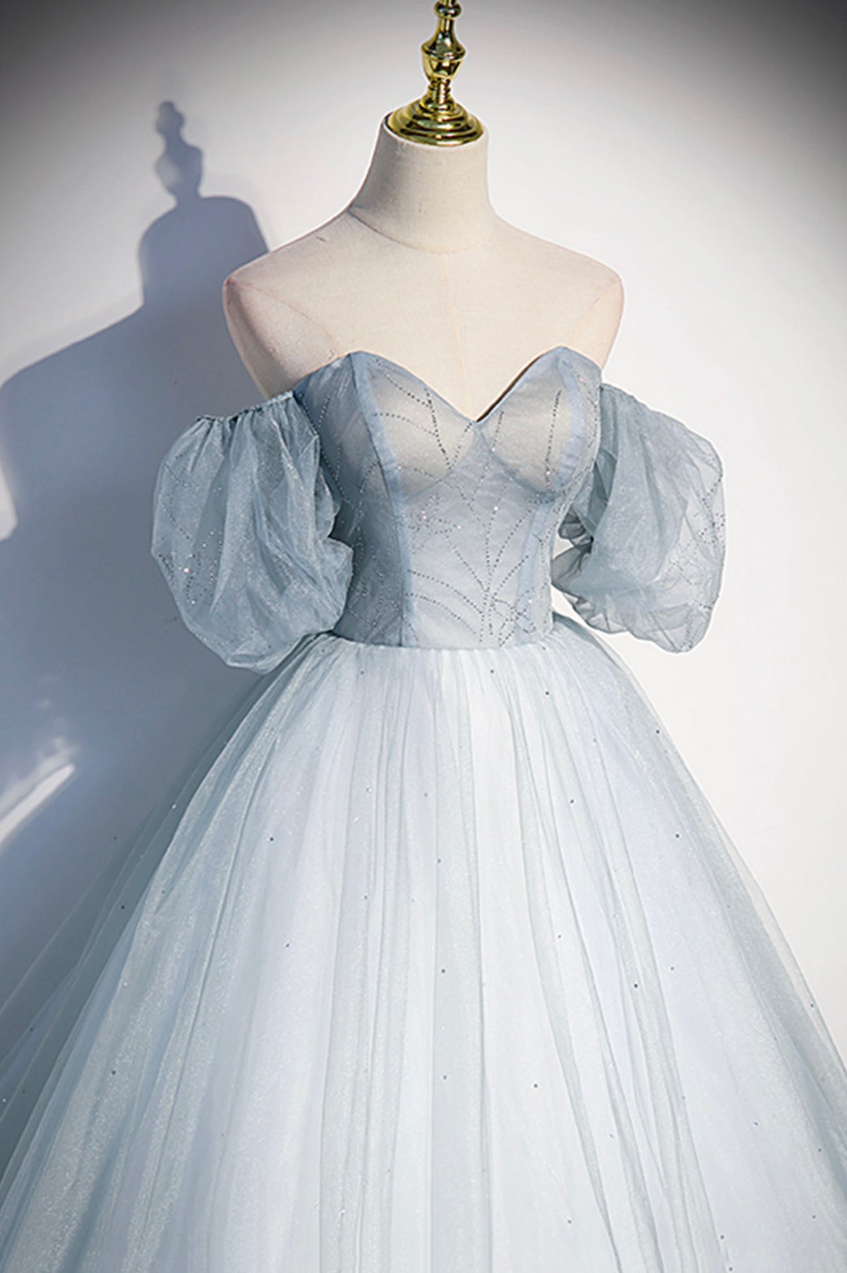 Blue Tulle Long A-Line Ball Gown, Off the Shoulder Formal Evening Dress