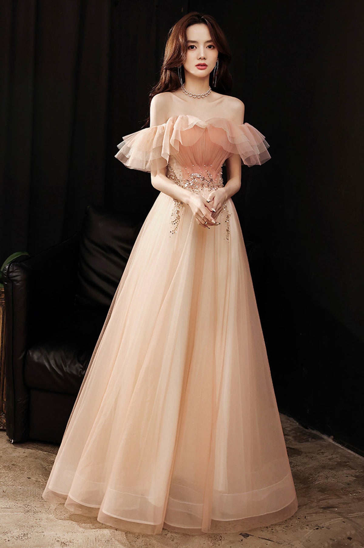 Pink Tulle Long A-Line Prom Dress with Sequins, Off the Shoulder Evening Party Dress