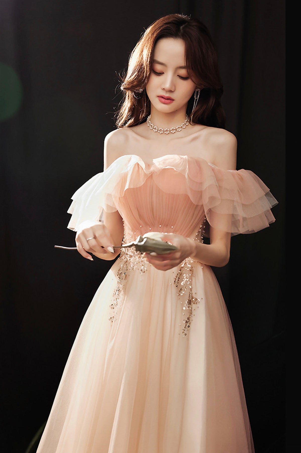 Pink Tulle Long A-Line Prom Dress with Sequins, Off the Shoulder Evening Party Dress