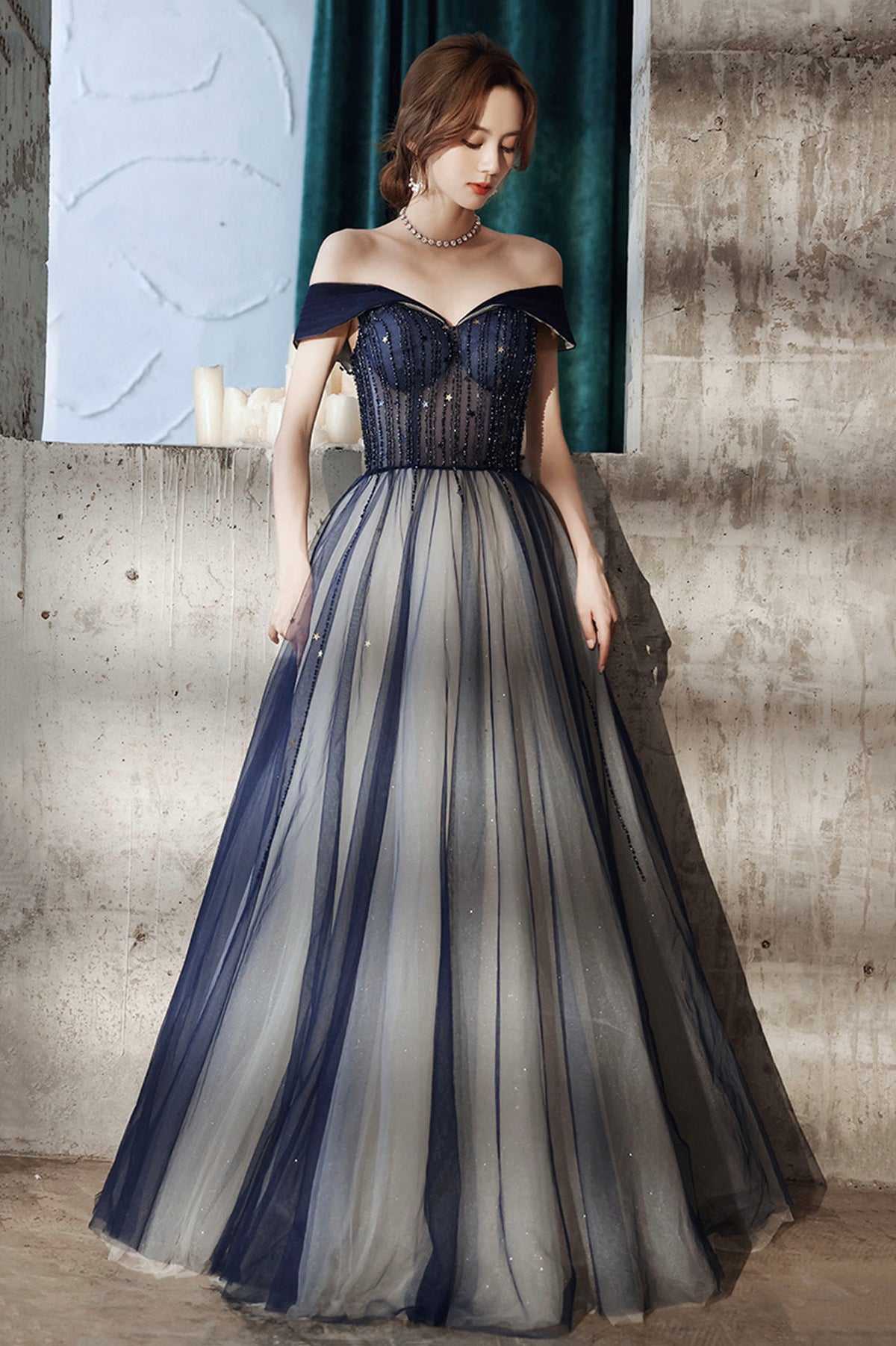 Blue Tulle Off the Shoulder Prom Dress, A-Line Evening Graduation Dress