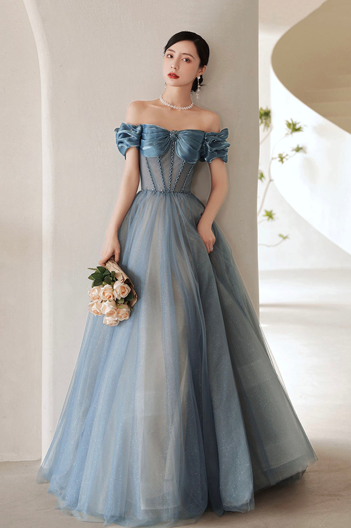 Blue Tulle Long A-Line Prom Dress, Elegant Off the Shoulder Formal Evening Dress
