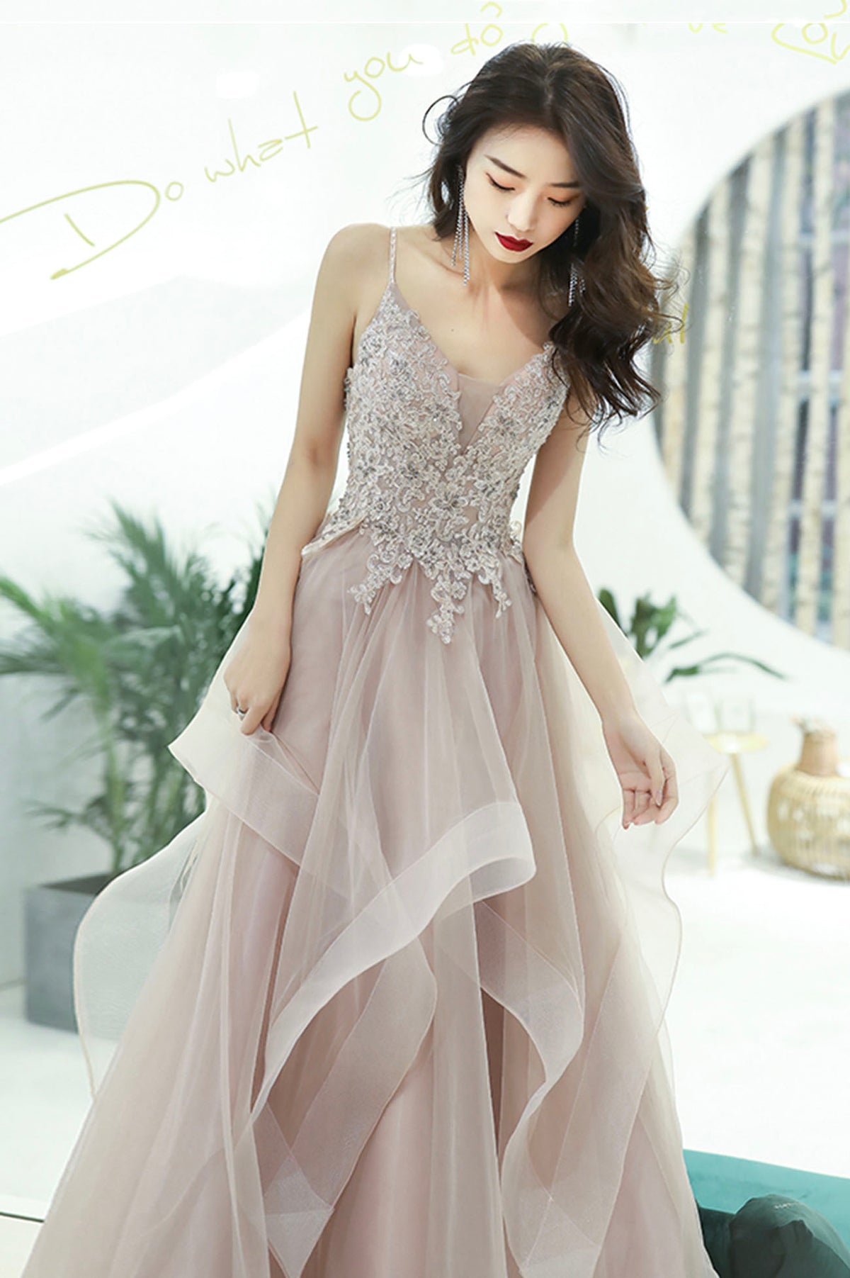 Pink Lace Long A-Line Prom Dress, Pink Spaghetti Straps Evening Dress