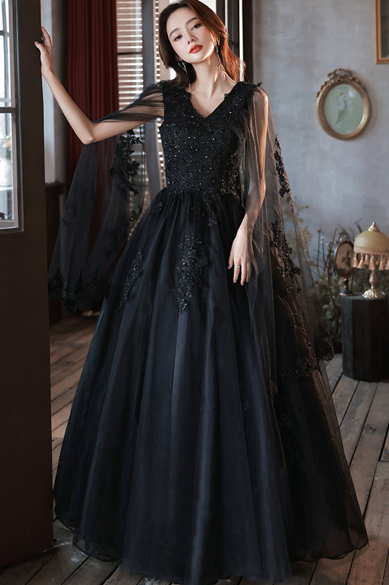 Black V-Neck Lace Long Prom Dress, Black A-Line Evening Party Dress Black V-Neck Lace Long Prom Dress, Black A-Line Evening Party Dress