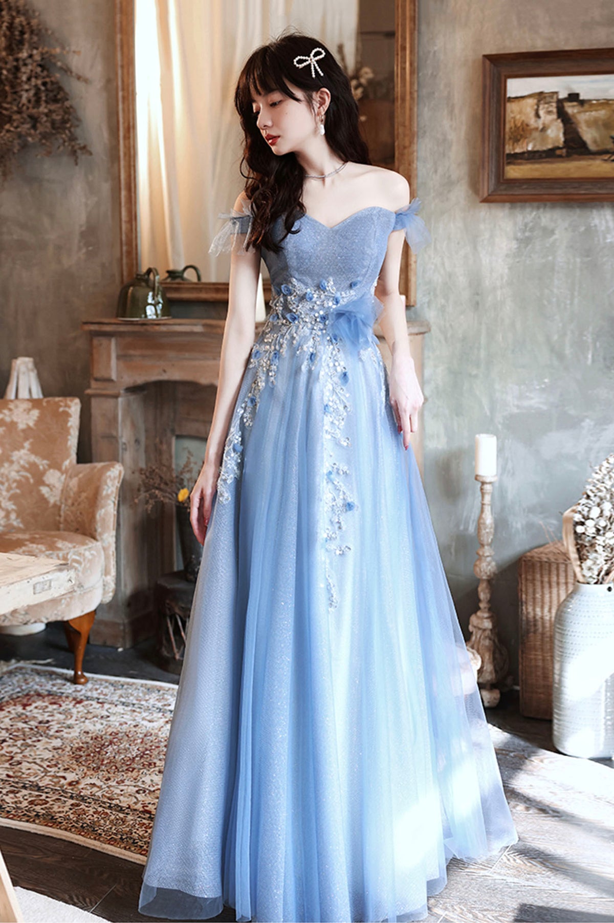 Blue Tulle Long A-Line Prom Dress, Blue Off the Shoulder Evening Party Dress