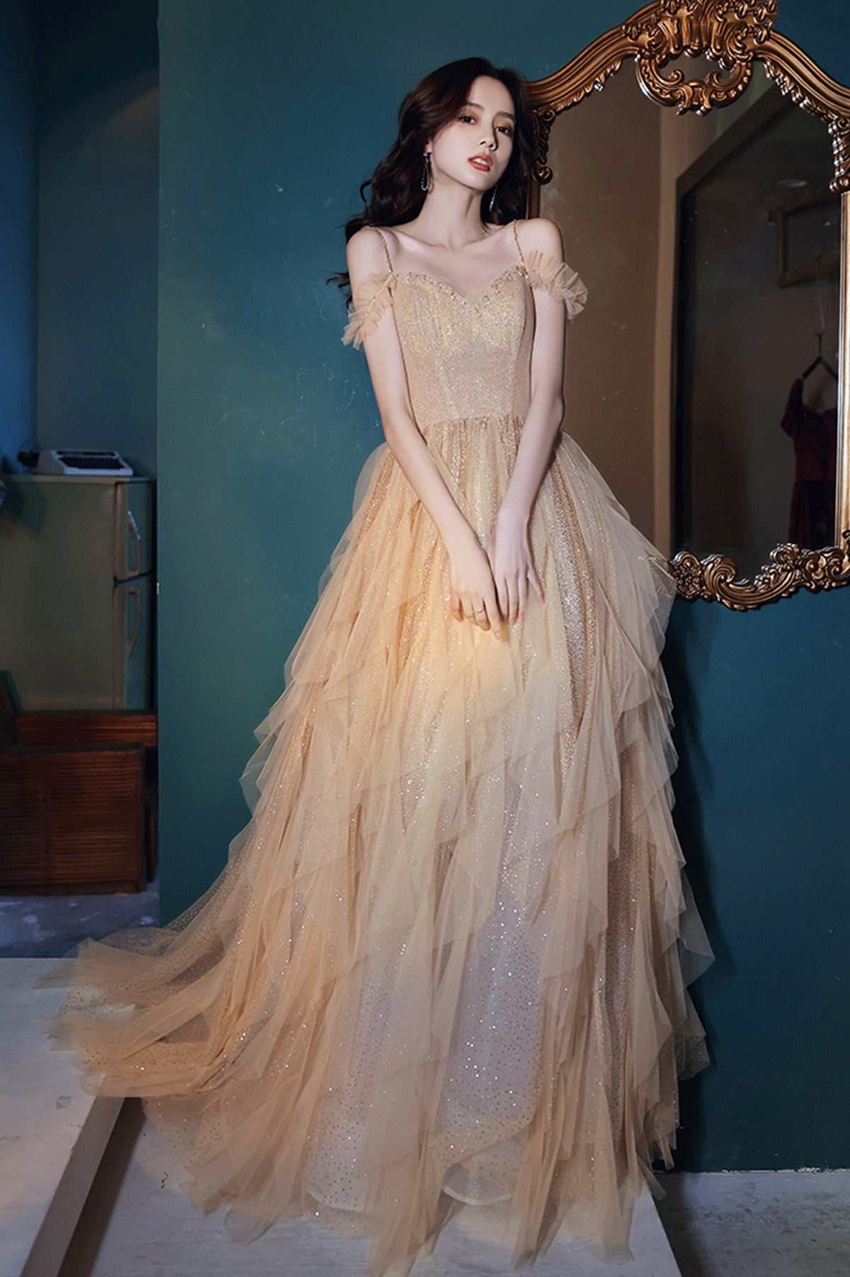 A-Line Tulle Long Prom Dress with Sequins, Spaghetti Straps Evening Dress