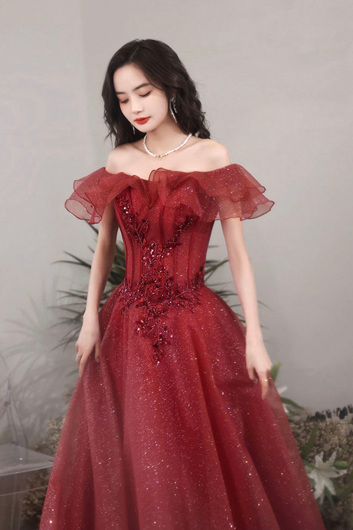 Burgundy Lace Long A-Line Prom Dress, Off the Shoulder Evening Party Dress