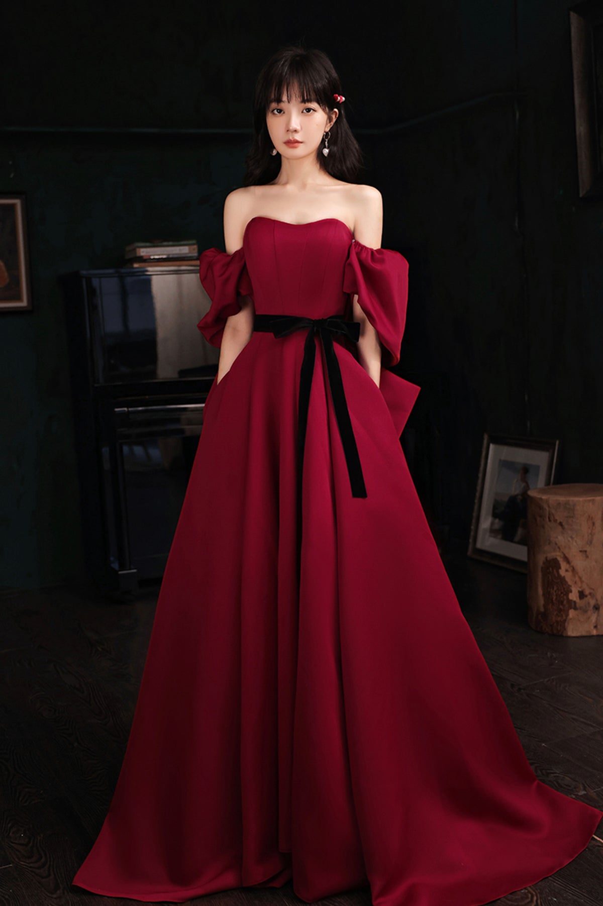 Burgundy Satin Long A-Line Prom Dress, Burgundy Off the Shoulder Evening Dress