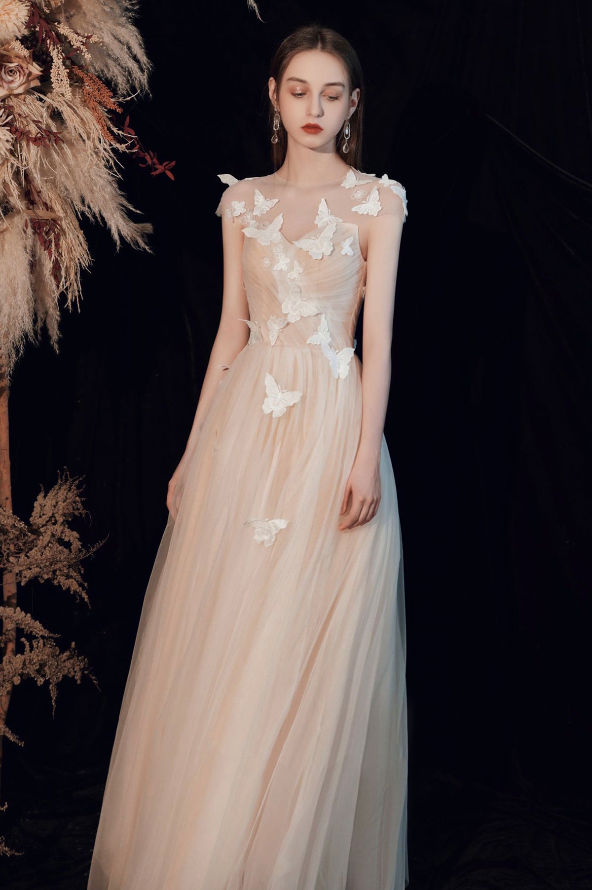 Champagne Tulle Long Prom Dress with Butterfly, A-Line Evening Party Dress