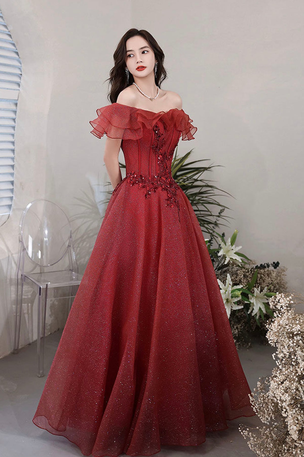 Burgundy Lace Long A-Line Prom Dress, Off the Shoulder Evening Party Dress