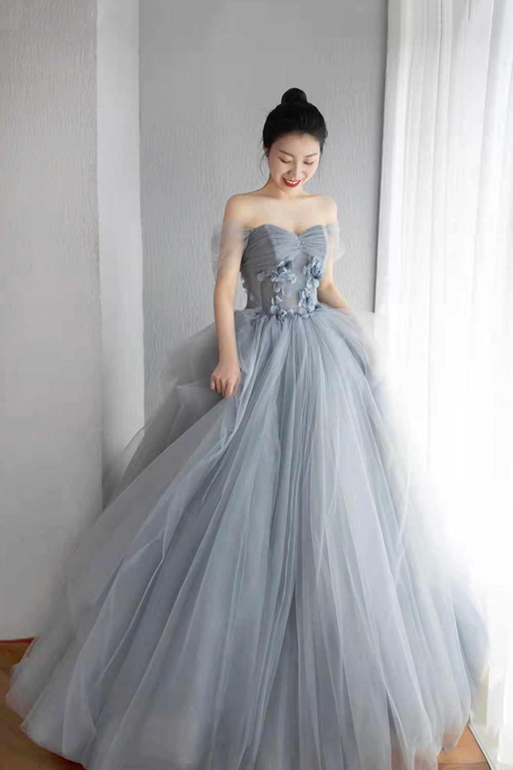 Gray Tulle Layers Long Prom Dress, A-Line Strapless Formal Evening Dress