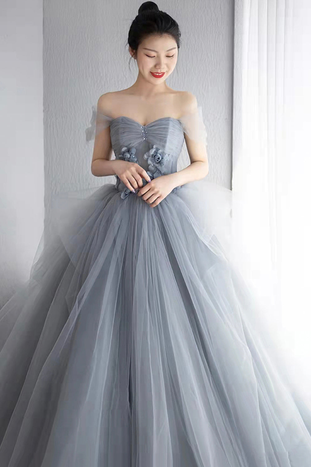 Gray Tulle Layers Long Prom Dress, A-Line Strapless Formal Evening Dress