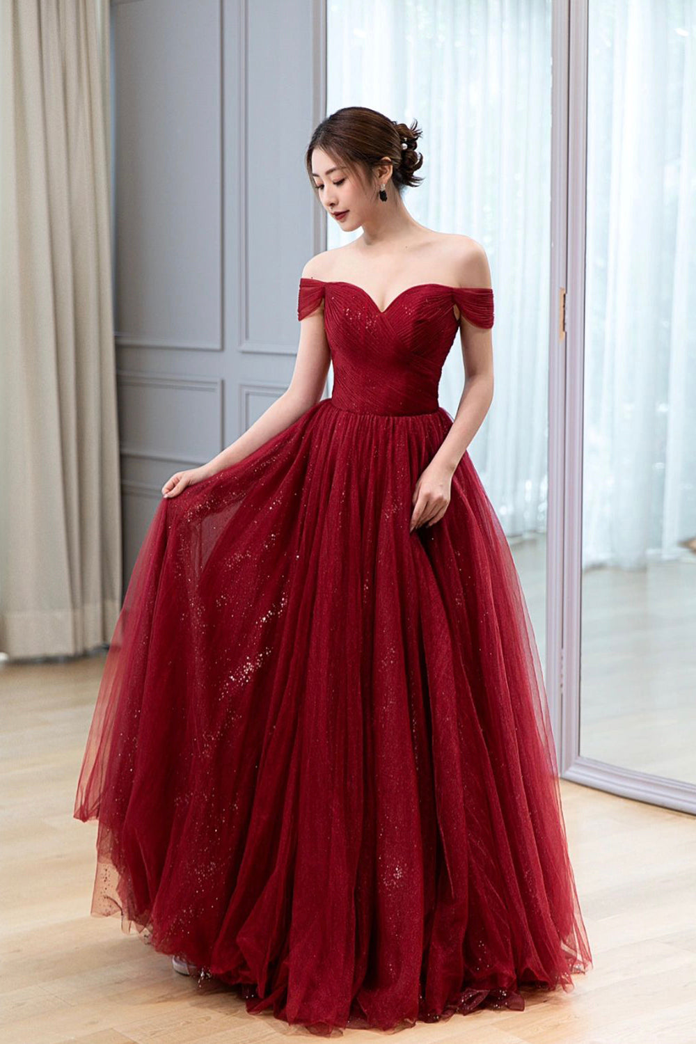 Burgundy Off the Shoulder Long Prom Dress, Elegant Tulle Formal Evenin Burgundy Off the Shoulder Long Prom Dress, Elegant Tulle Formal Evenin