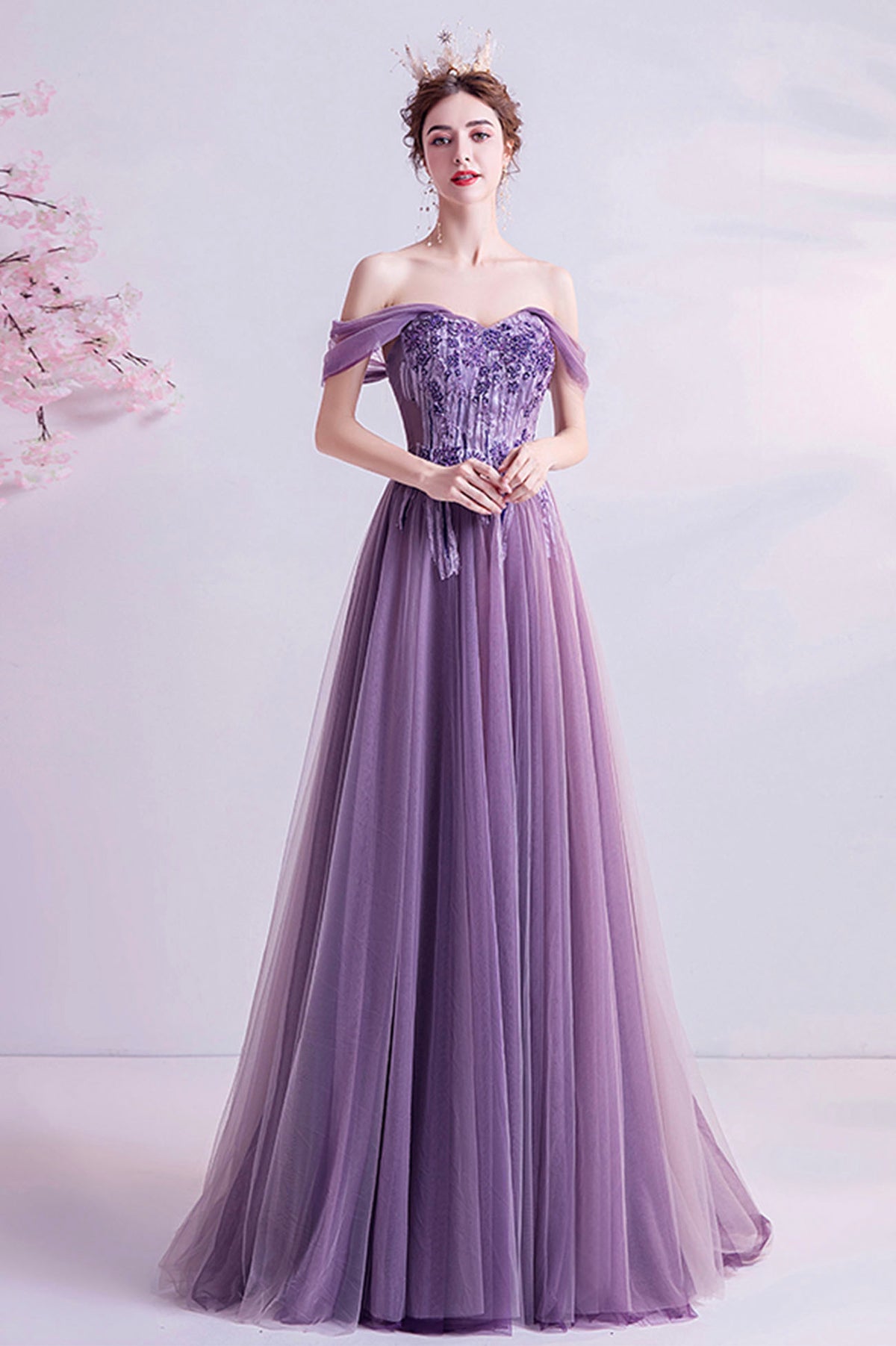 Purple Lace Long A-Line Prom Dress, Off the Shoulder Floor Length Formal Dress