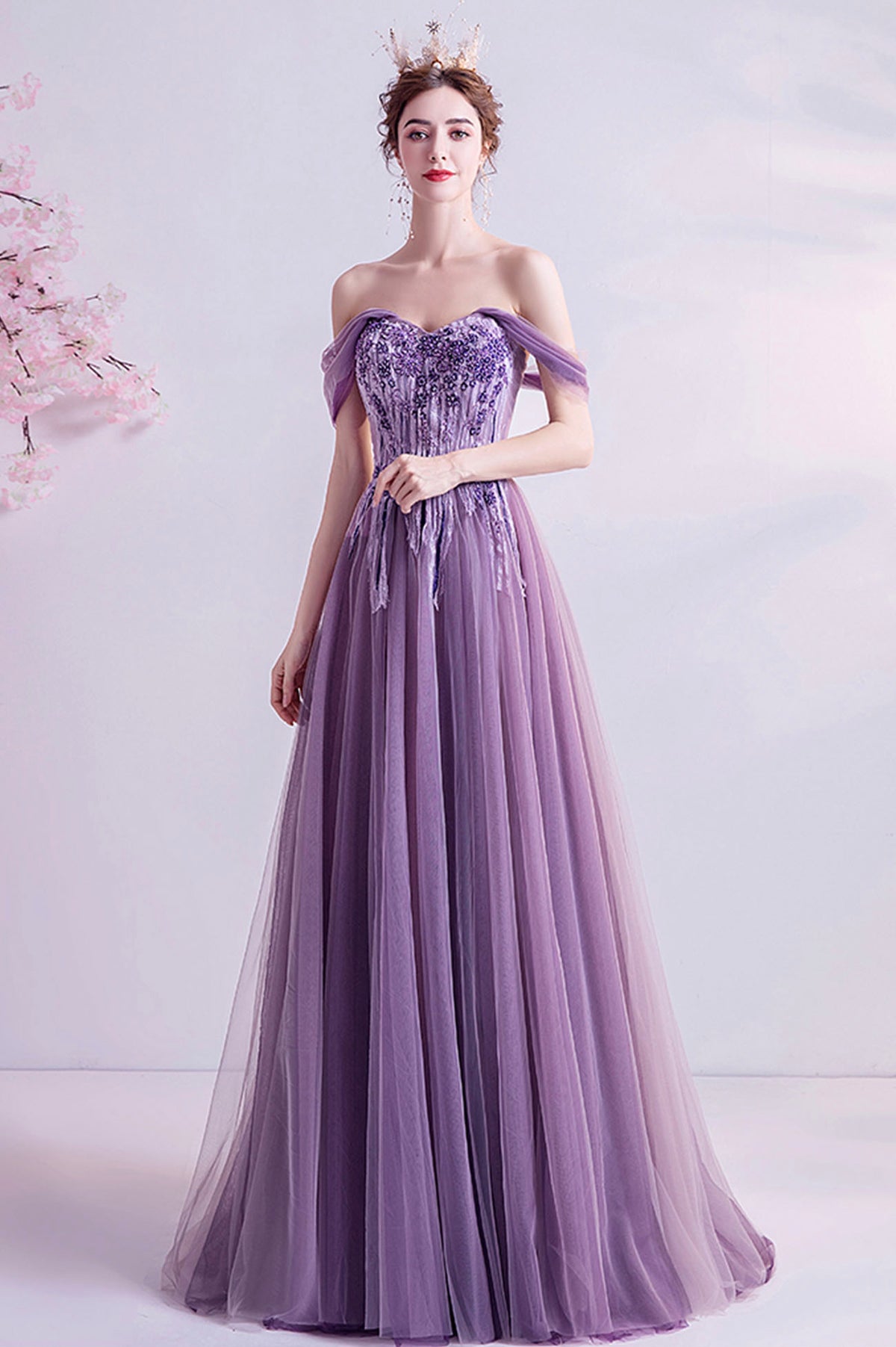 Purple Lace Long A-Line Prom Dress, Off the Shoulder Floor Length Formal Dress