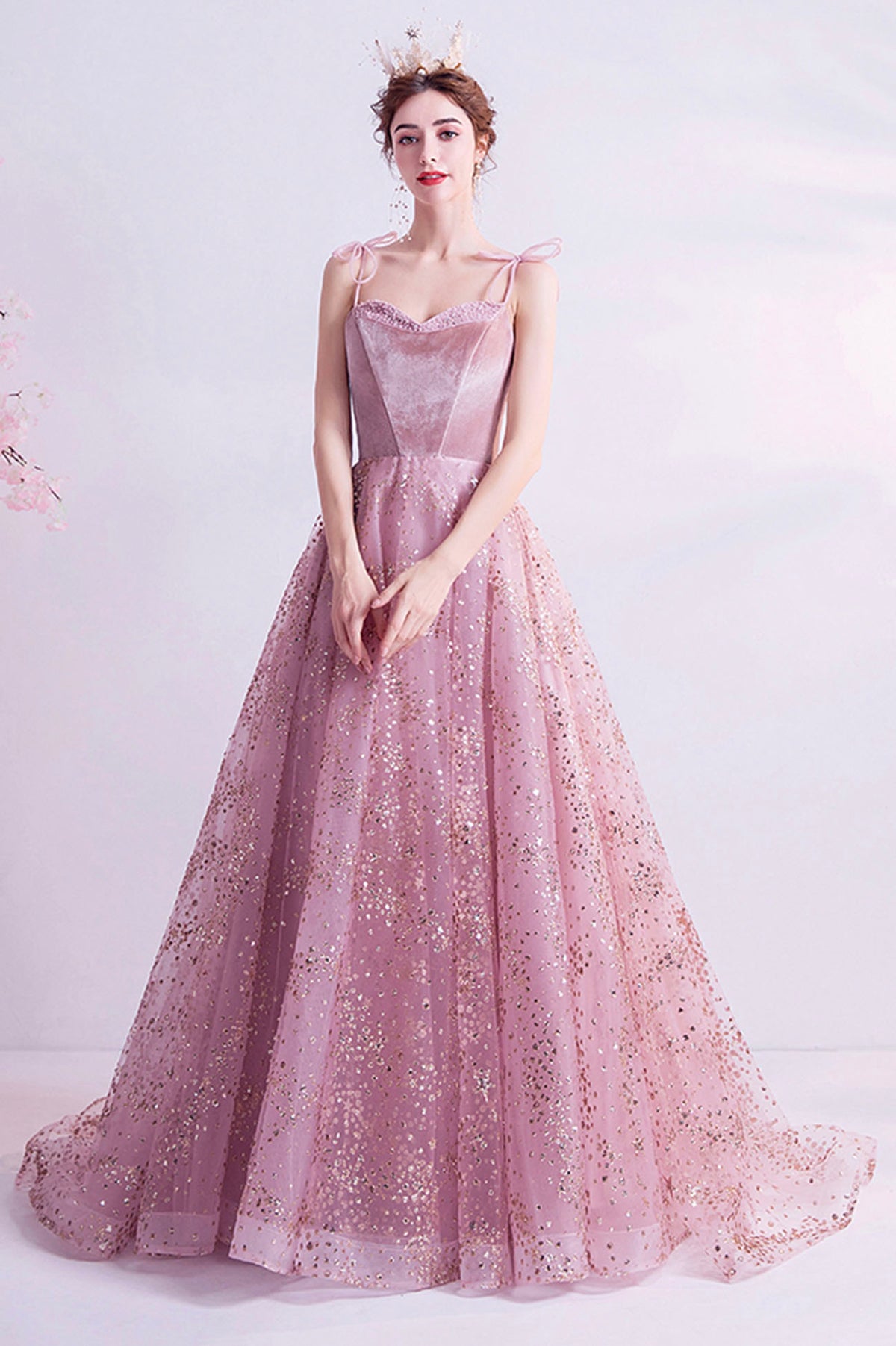 Elegant Spaghetti Strap Long Prom Dress, Velvet and Tulle Formal Dress with Sequins