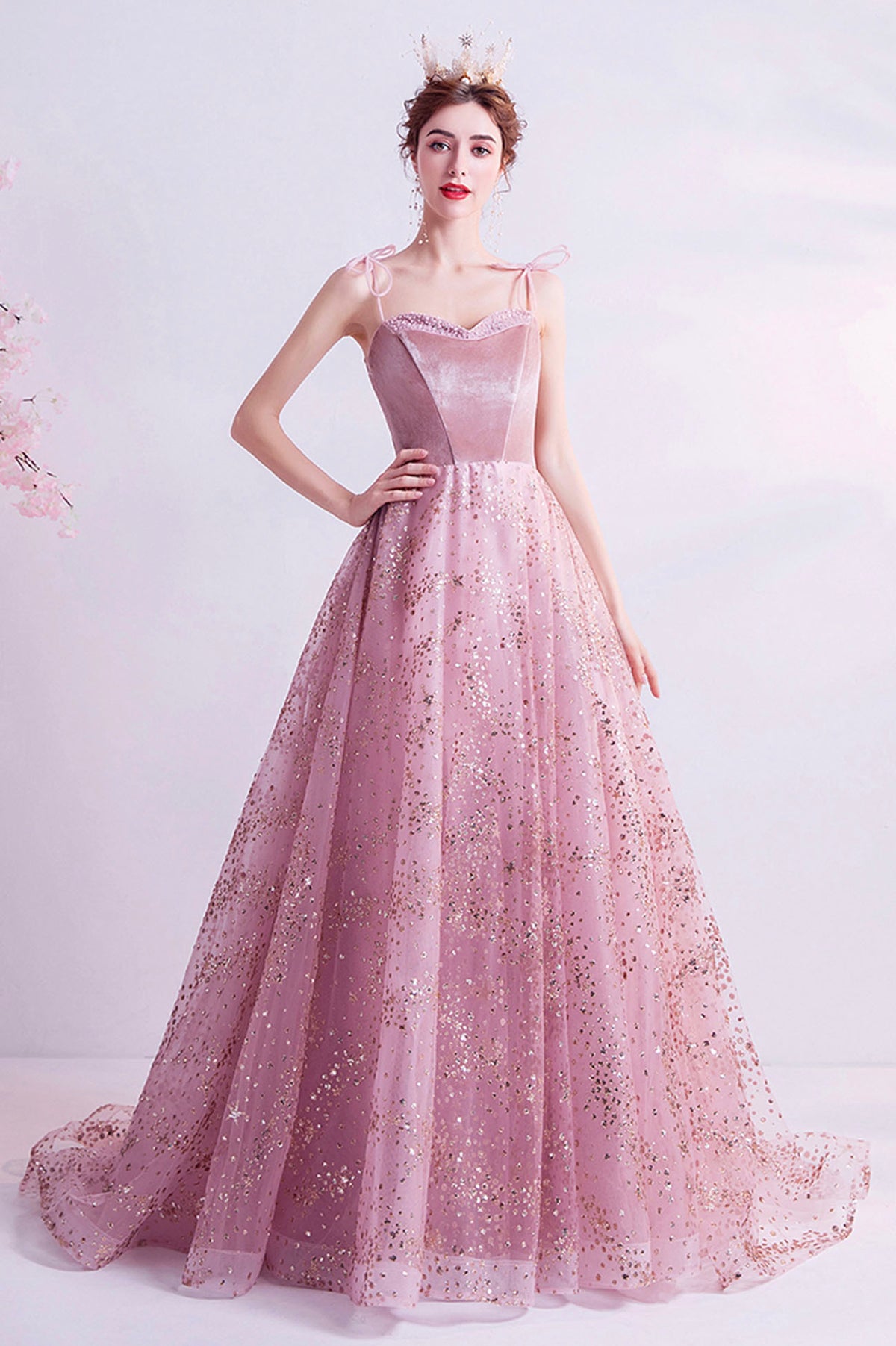 Elegant Spaghetti Strap Long Prom Dress, Velvet and Tulle Formal Dress with Sequins