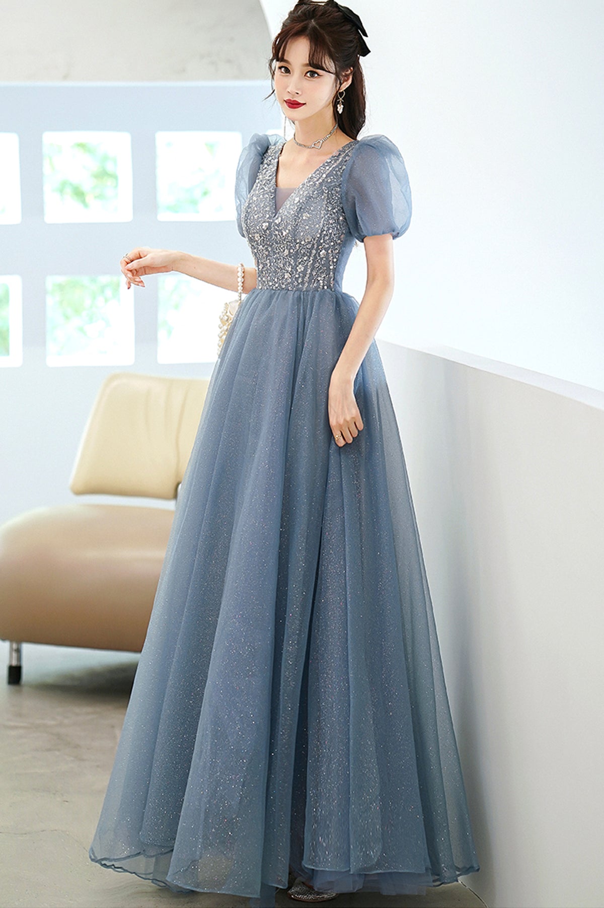 Cute Tulle Floor Length Prom Dress with Beaded, A-Line V-Neck Evening Dress