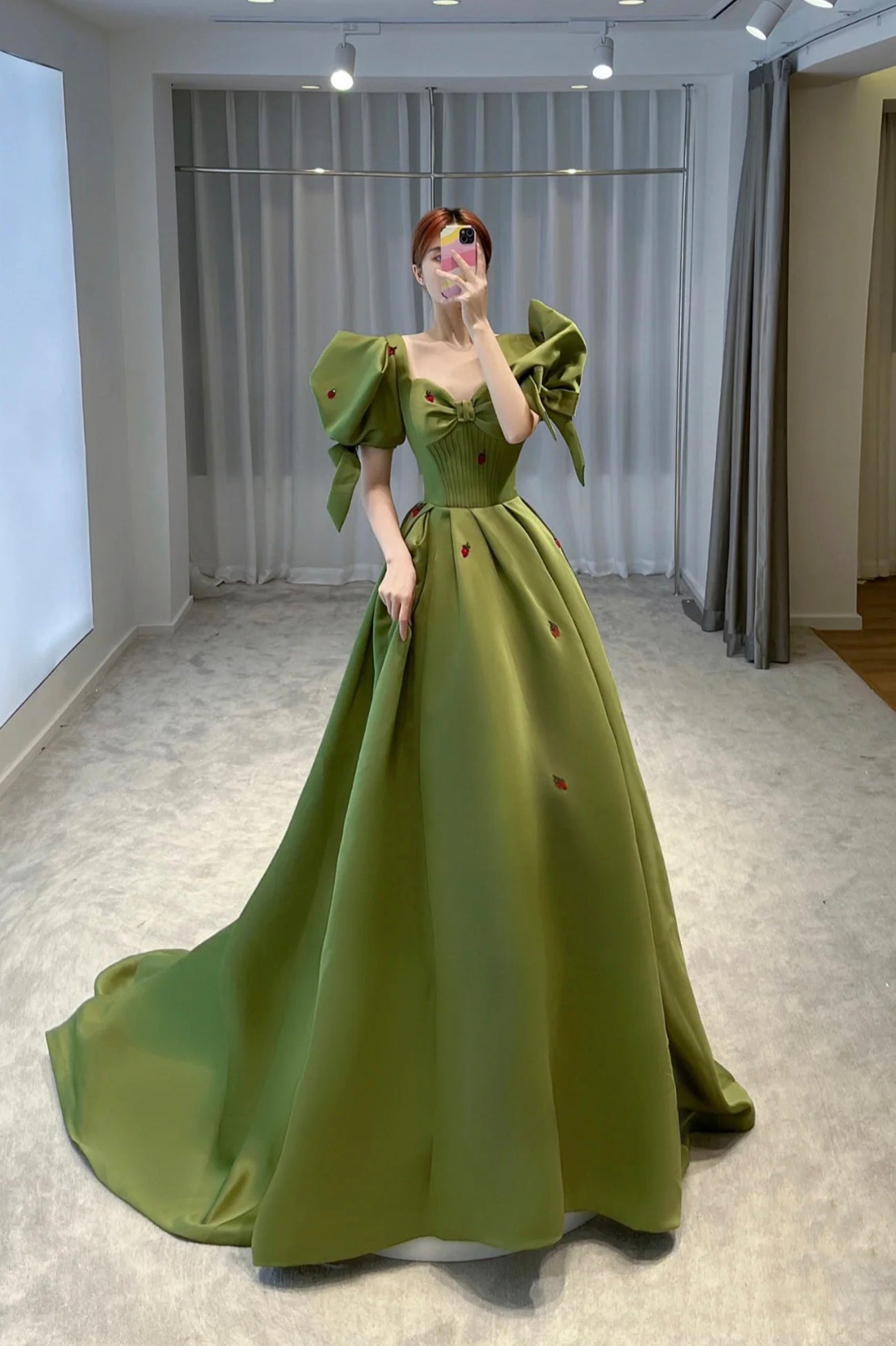 Green Satin Long Prom Dress with Strawberry Decal, Lovely Puff Sleeve Green Satin Long Prom Dress with Strawberry Decal, Lovely Puff Sleeve