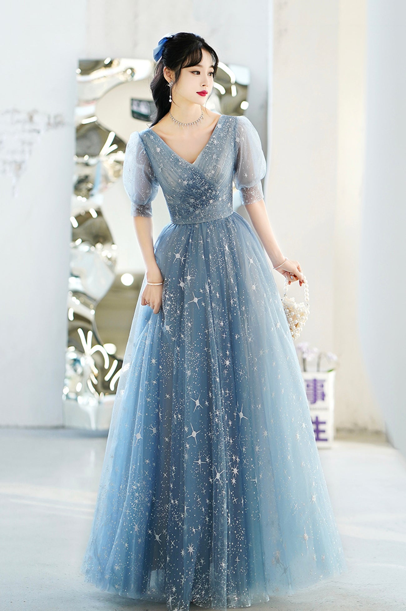 Flowy Blue Prom Dress Blue V-Neck Tulle Long A-Line Prom Dress