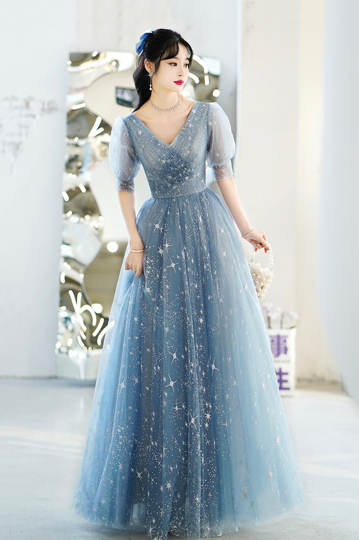 Blue V-Neck Tulle Long A-Line Prom Dress, Blue Evening Graduation Dress
