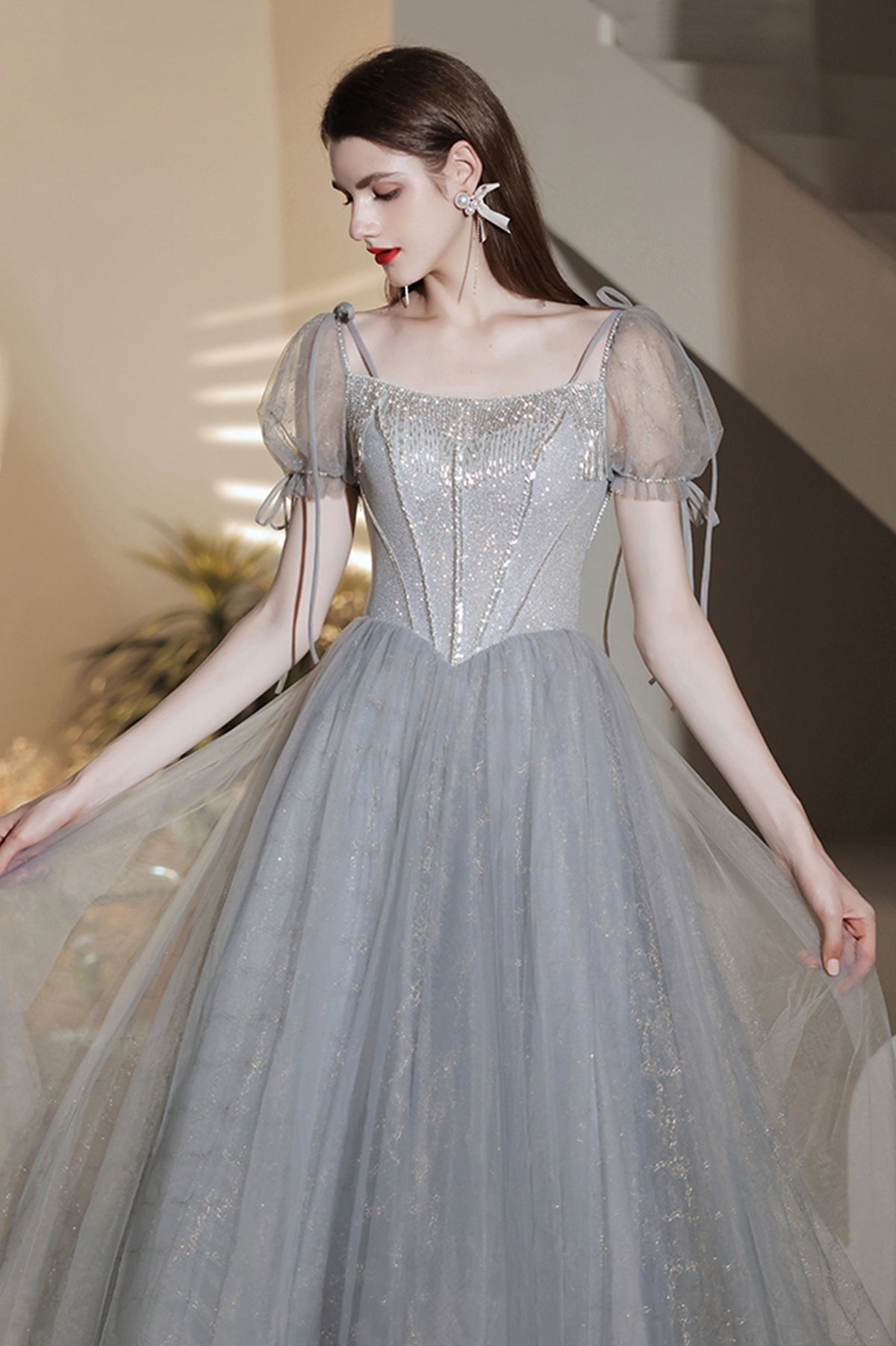 Gray Tulle Sequins Short Prom Dress, A-Line Short Sleeve Homecoming Party Dress