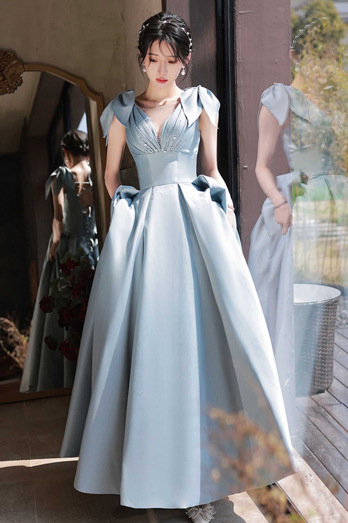 Blue Satin Long A-Line Prom Dress, Lovely Blue Graduation Dress with Bow