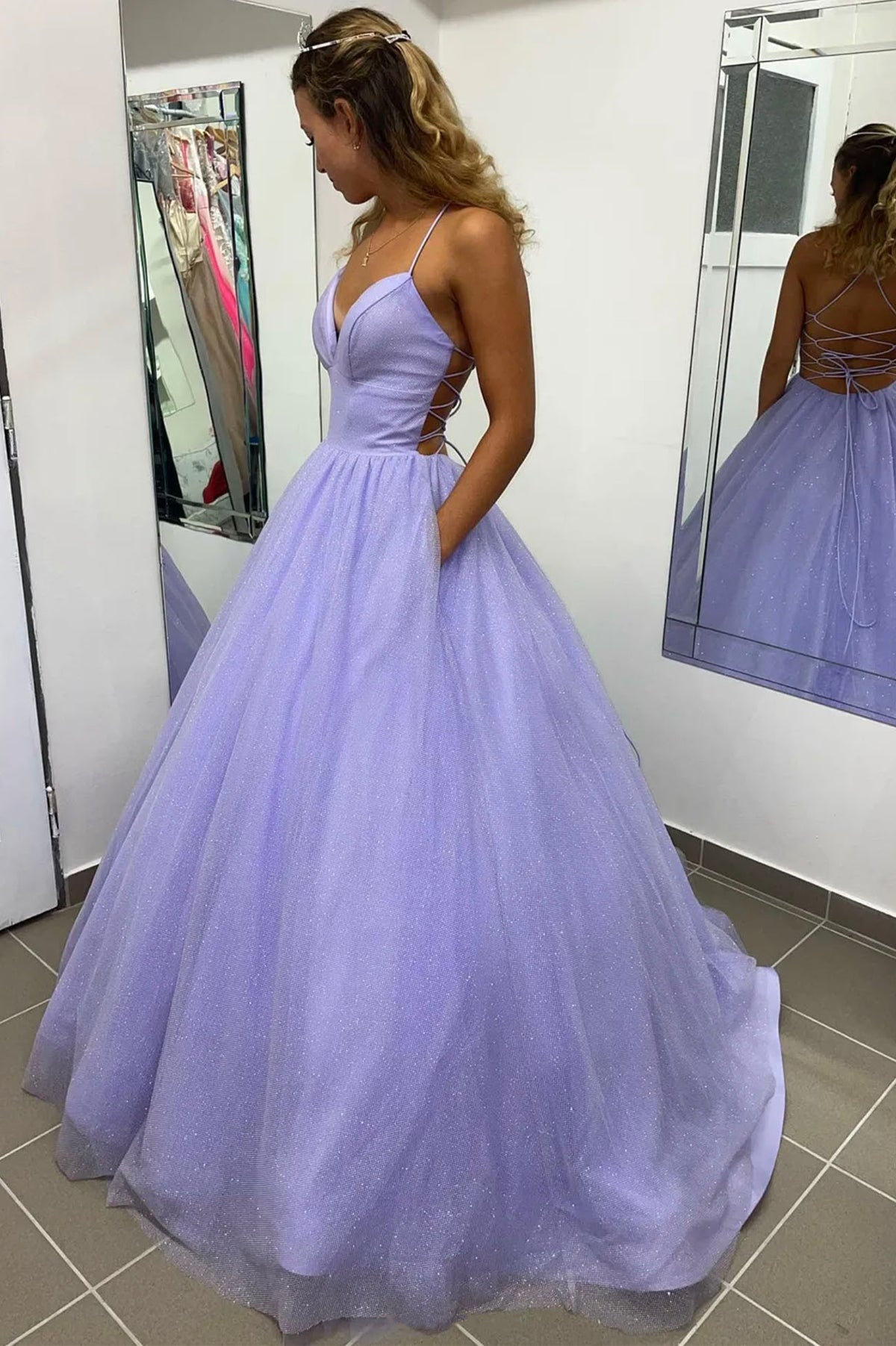 Purple Spaghetti Strap V-Neck Long Prom Dress, A-Line Backless Evening Dress