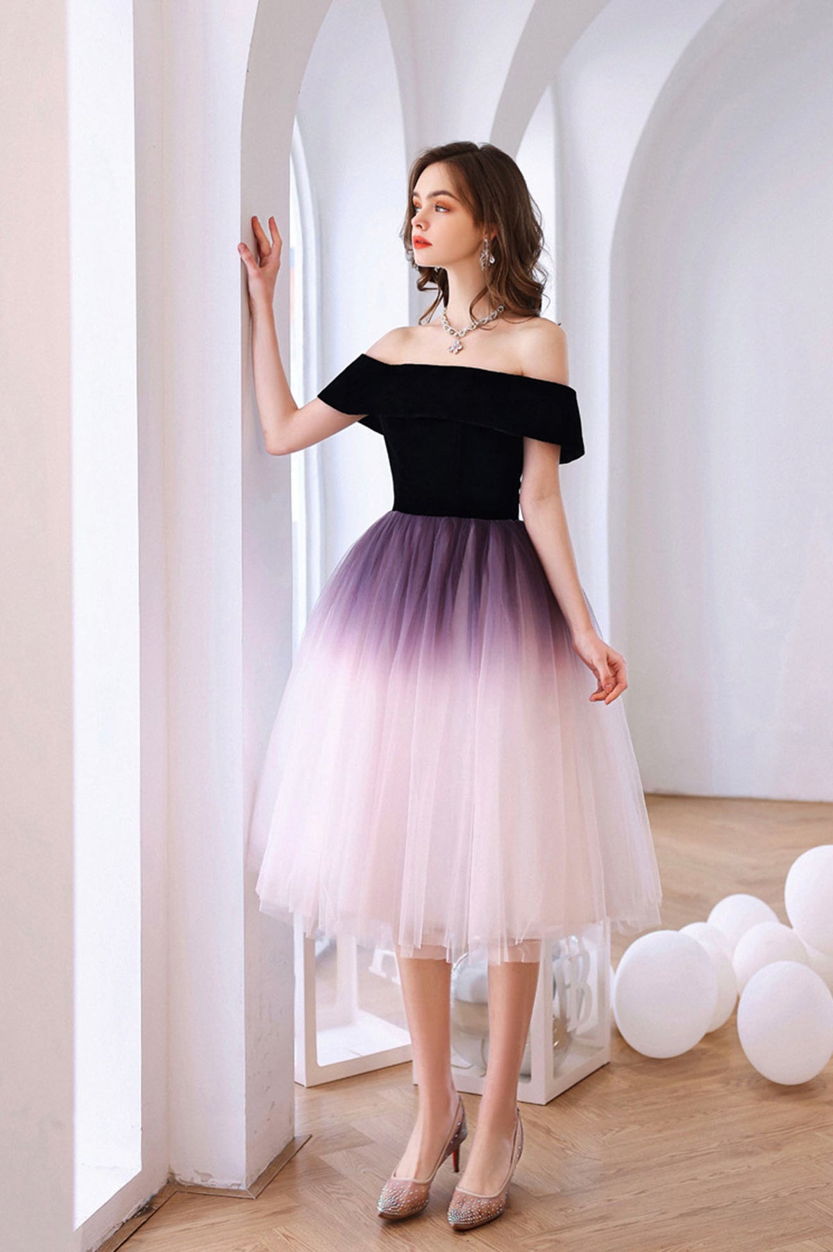 Cute Gradient Tulle Short Prom Dress Pageant Dress, Off the Shoulder Evening Party Dress