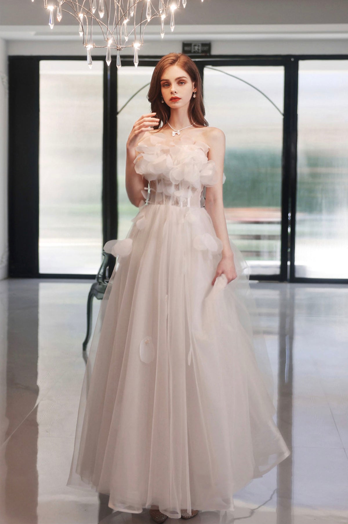 White Flowers Long A-Line Prom Dress, Strapless Evening Party Dress