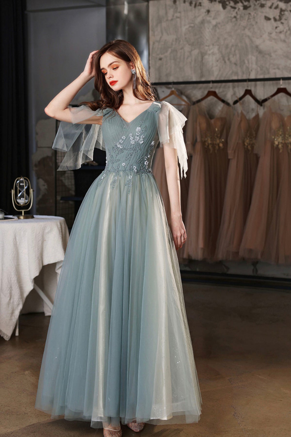 Green V-Neck Tulle Long Prom Dress, Cute A-Line Graduation Dress