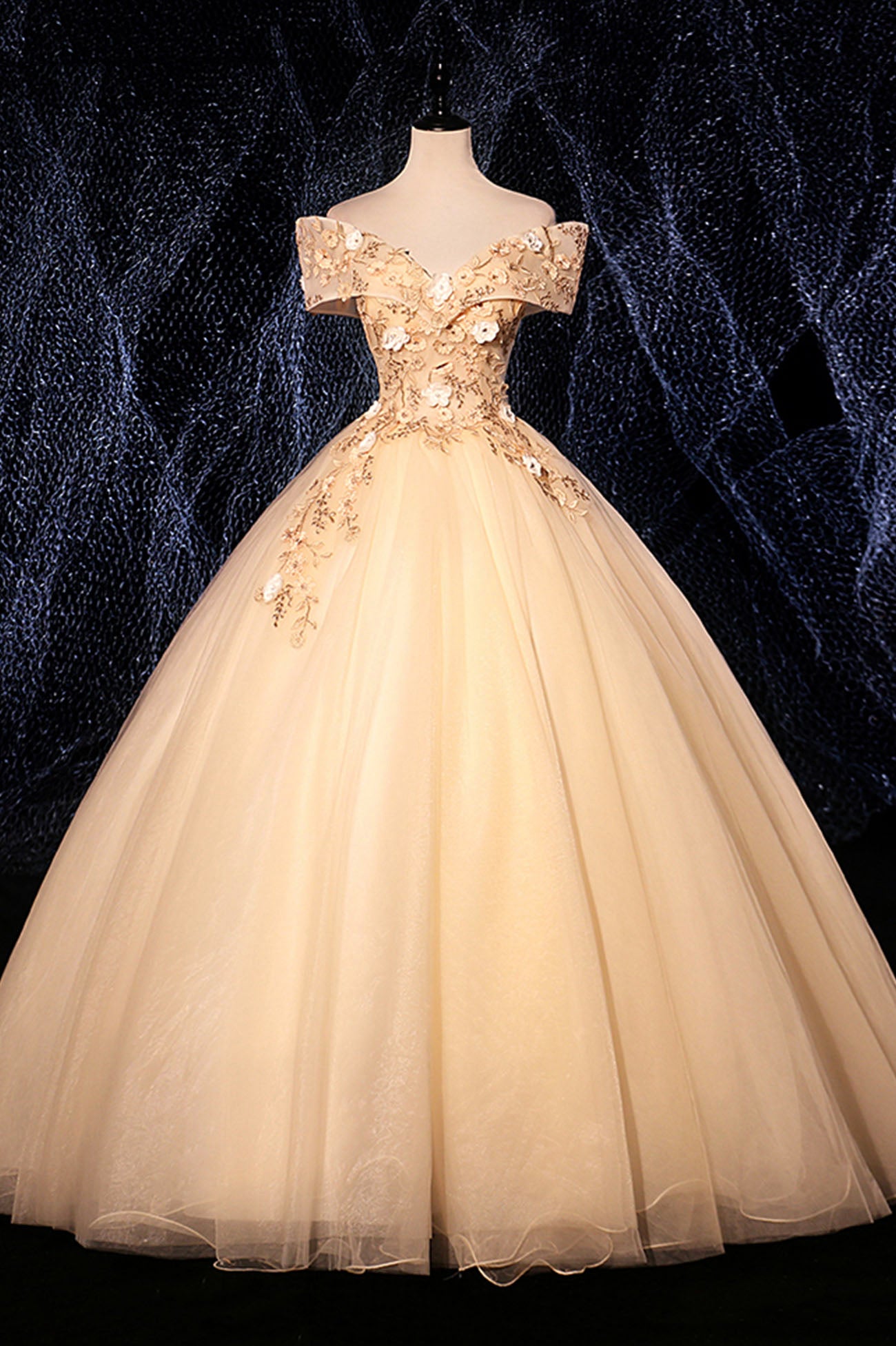 Champagne V-Neck Lace Long Ball Gown, Off the Shoulder Evening Dress main image 1