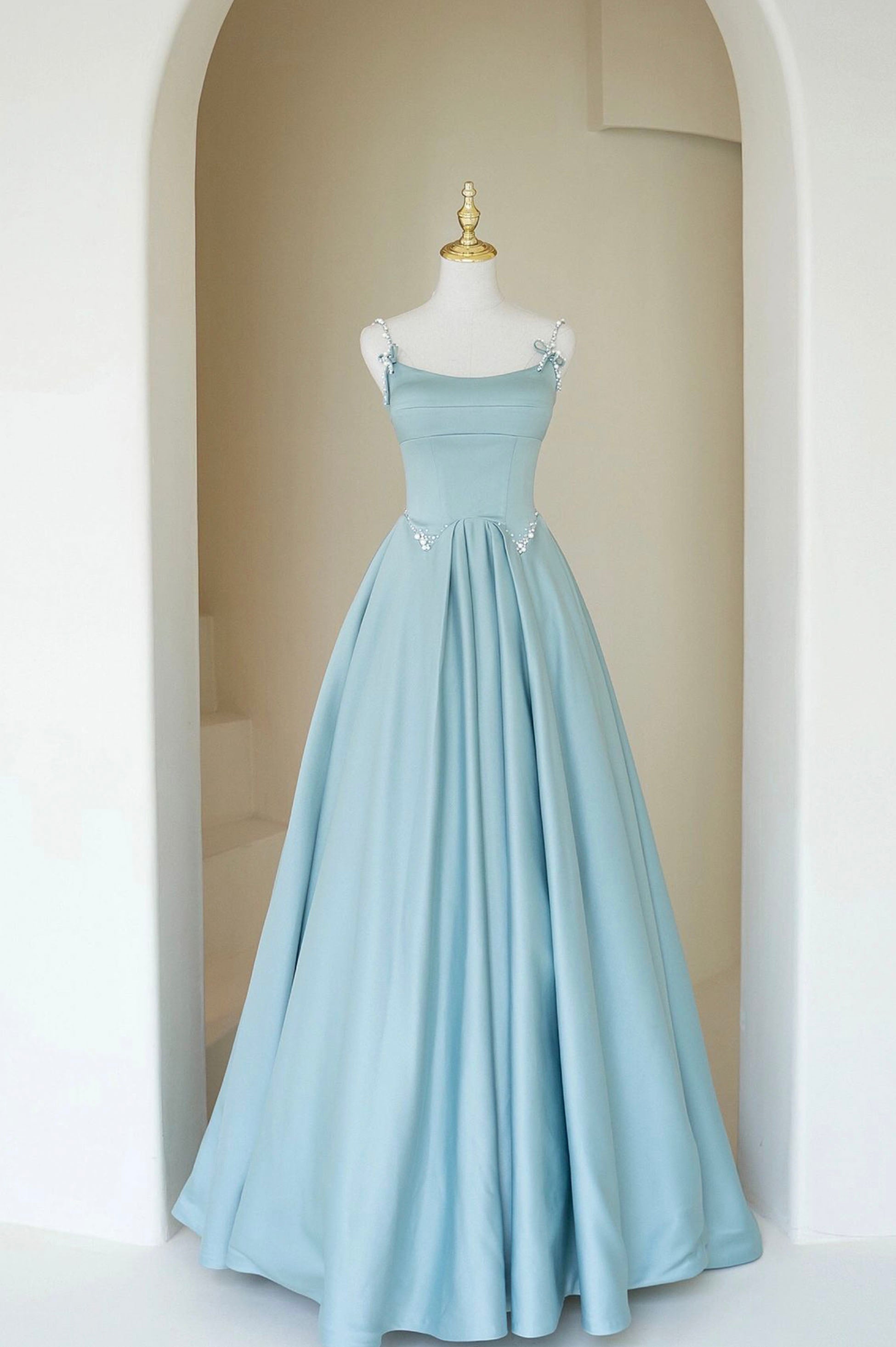 Blue Satin Long A-Line Prom Dress, Beautiful Spaghetti Straps Evening Blue Satin Long A-Line Prom Dress, Beautiful Spaghetti Straps Evening