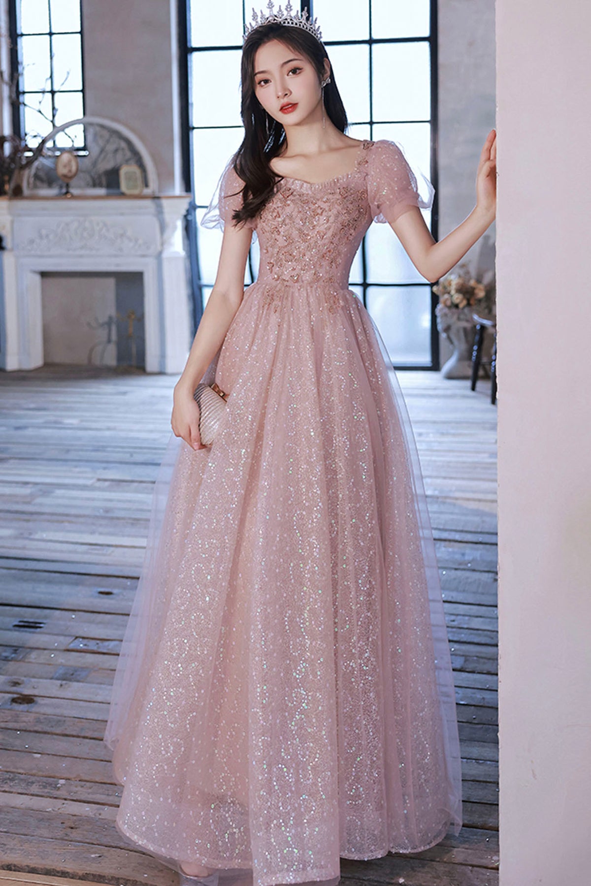 Pink Sequins and Lace Long Formal Dress, Cute Short Sleeve Evening Dress
