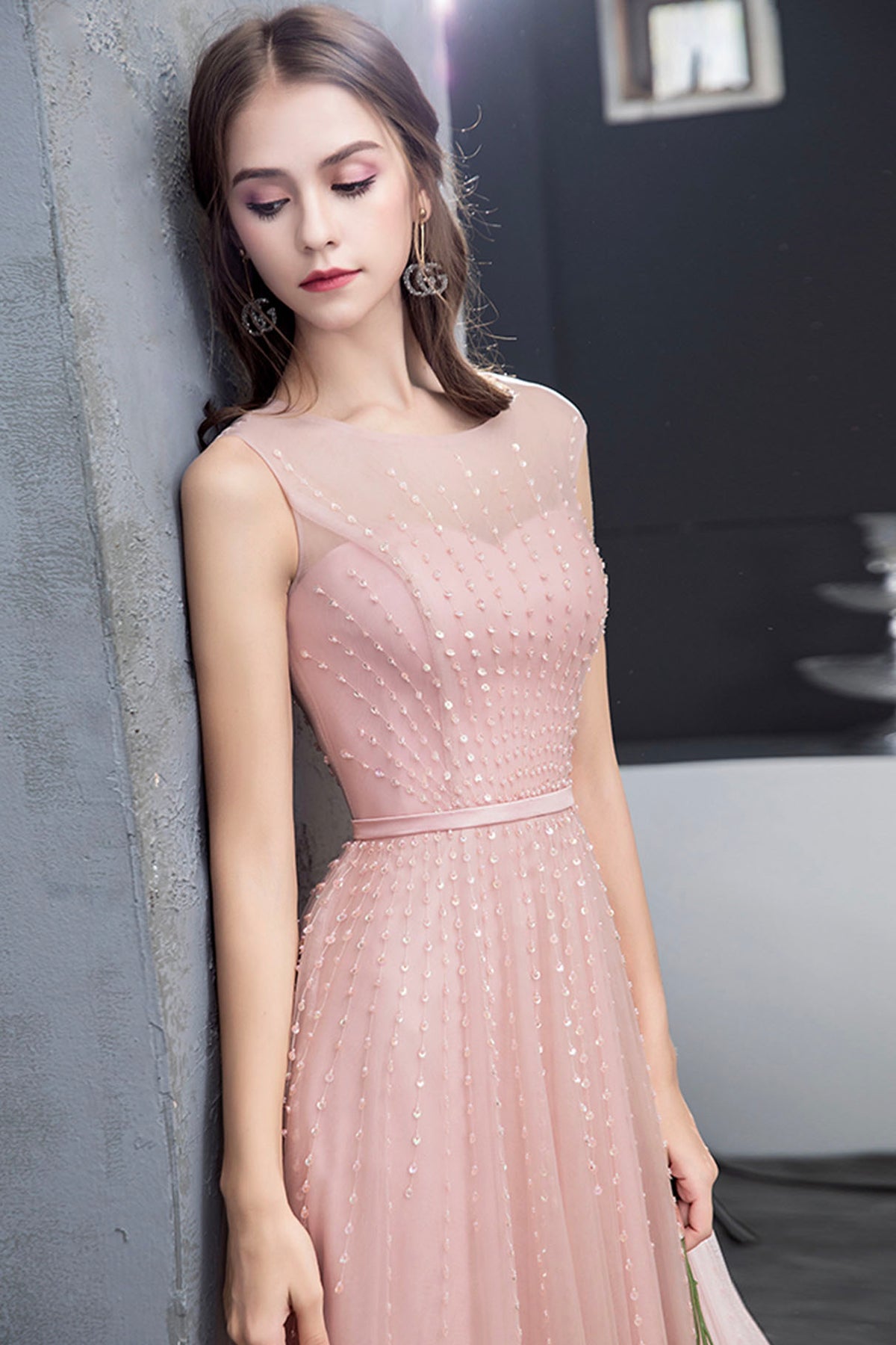 Pink Scoop Tulle Prom Dress with Beaded, Pink Floor Length Party Dress