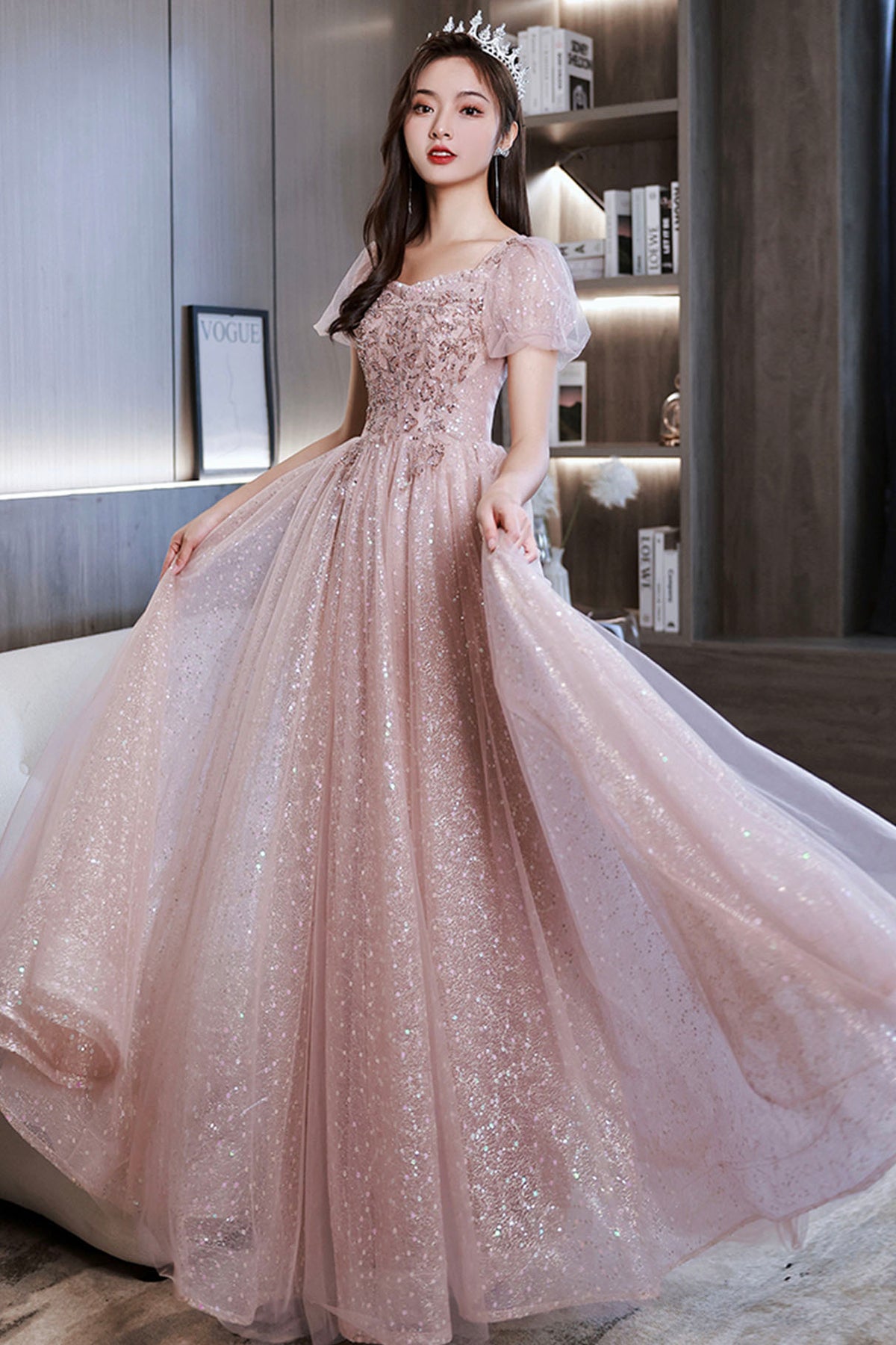 Pink Sequins and Lace Long Formal Dress, Cute Short Sleeve Evening Dress