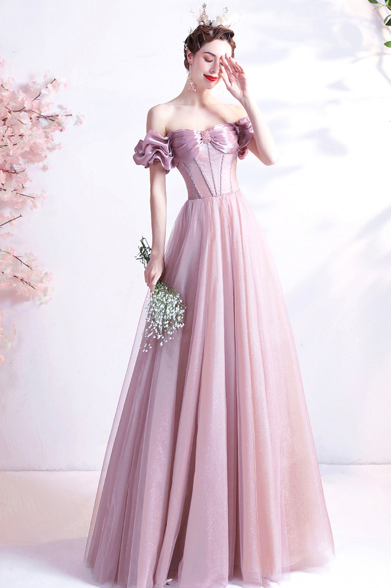Pink Sweetheart with Beaded Tulle Prom Dresses, Pink Long Formal Dress Pink Sweetheart with Beaded Tulle Prom Dresses, Pink Long Formal Dress