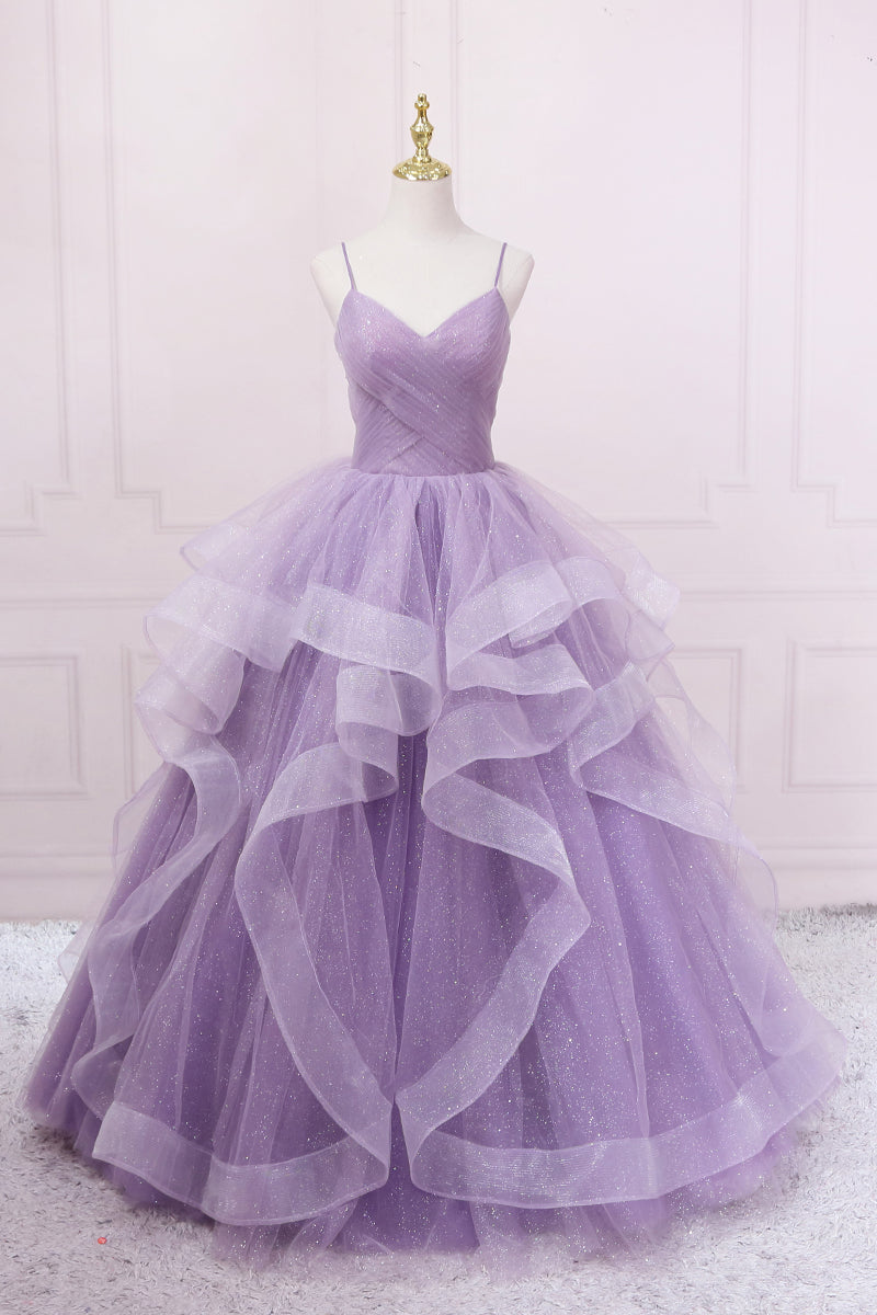 PURPLE TULLE V NECK LONG FORMAL DRESS PURPLE PROM DRESS   cg19003