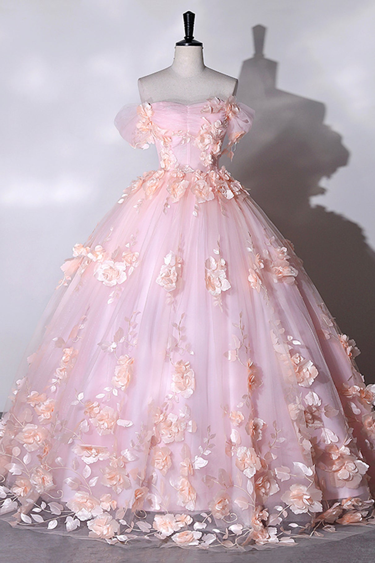 Pink Flowers Sweetheart Ball Gown Formal Dresses, Pink Long Sweet 16 D Pink Flowers Sweetheart Ball Gown Formal Dresses, Pink Long Sweet 16 D